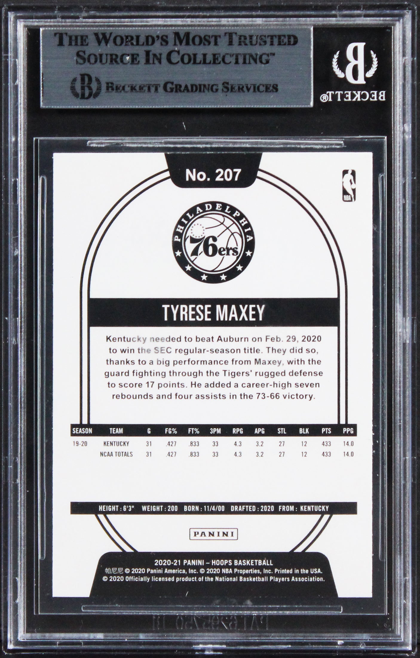 76ers Tyrese Maxey Authentic Signed 2020 Hoops #207 Rookie Card BAS Slabbed