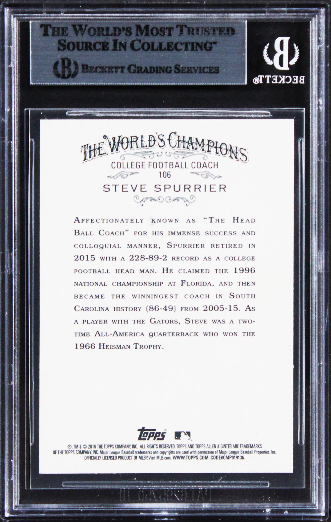 Florida Steve Spurrier Signed 2016 Topps Allen & Ginter #106 Card BAS Slabbed