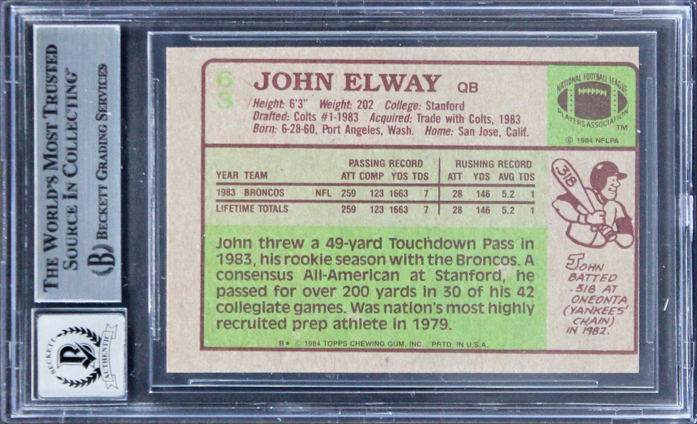 Broncos John Elway "HOF 04" Signed 1984 Topps #63 Rookie Card Auto 10! BAS Slab