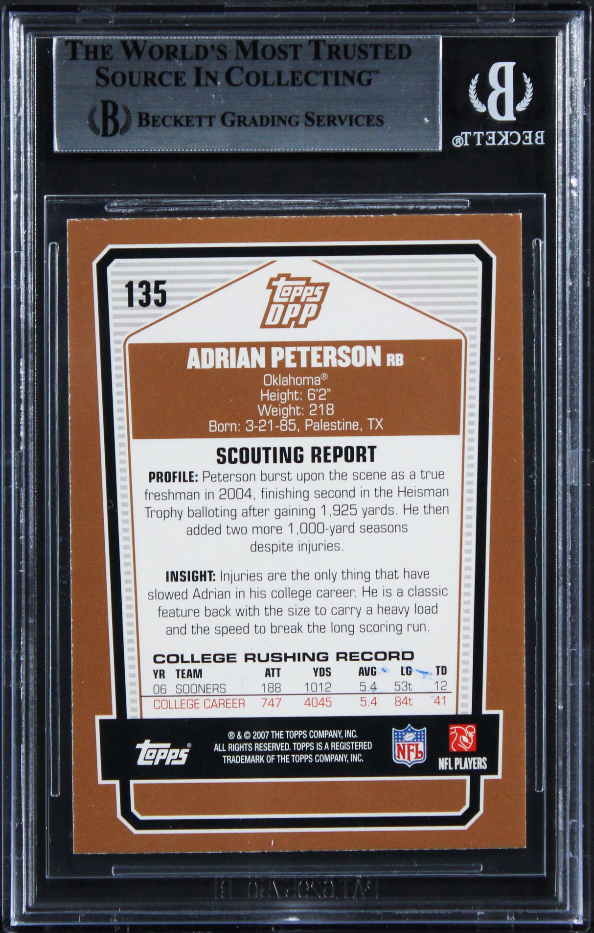 Vikings Adrian Peterson Signed 2007 Topps DPP #135 Rookie Card BAS Slabbed