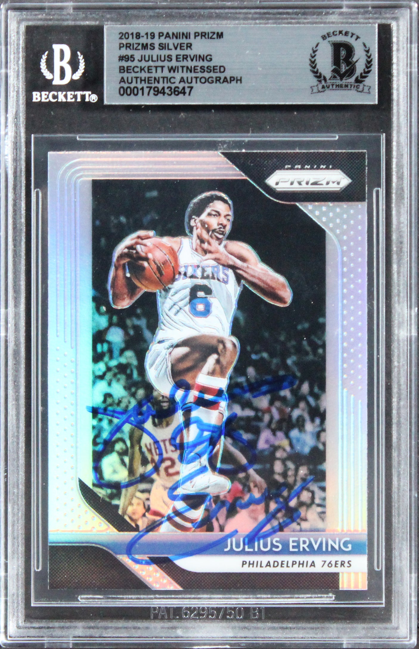76ers Julius Erving Signed 2018 Panini Prizm Prizms Silver #95 Card BAS Slabbed
