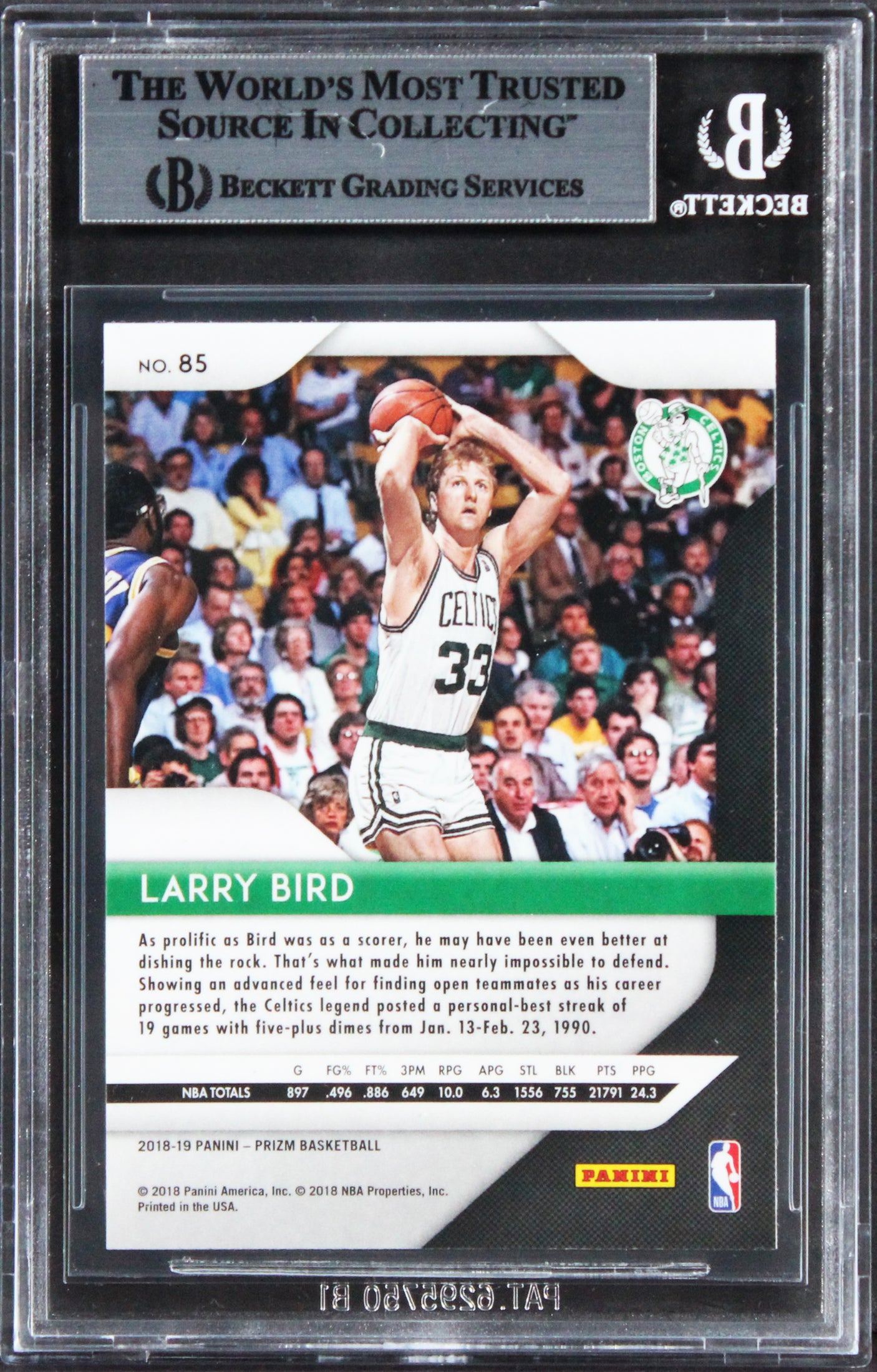 Celtics Larry Bird Authentic Signed 2018 Panini Prizm #85 Card BAS Slabbed