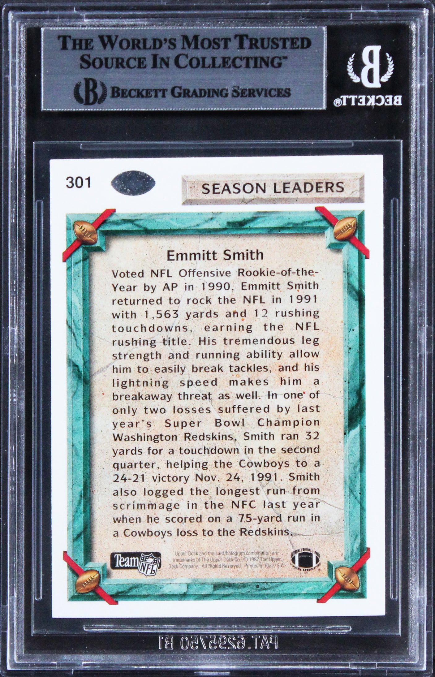 Cowboys Emmitt Smith Authentic Signed 1992 Upper Deck #301 Card BAS Slabbed