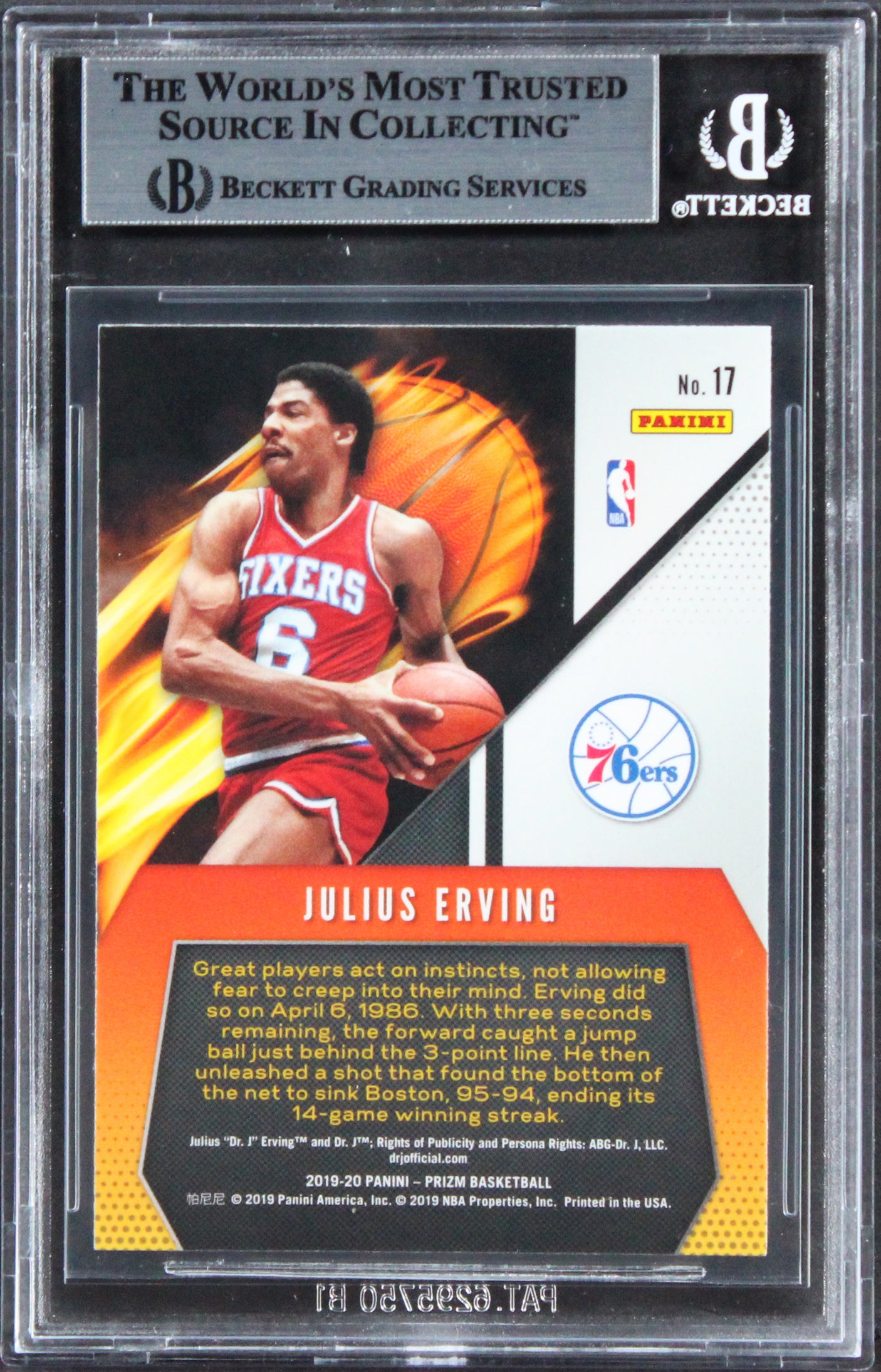 76ers Julius Erving Signed 2019 Panini Prizm Fearless #17 Card BAS Slabbed