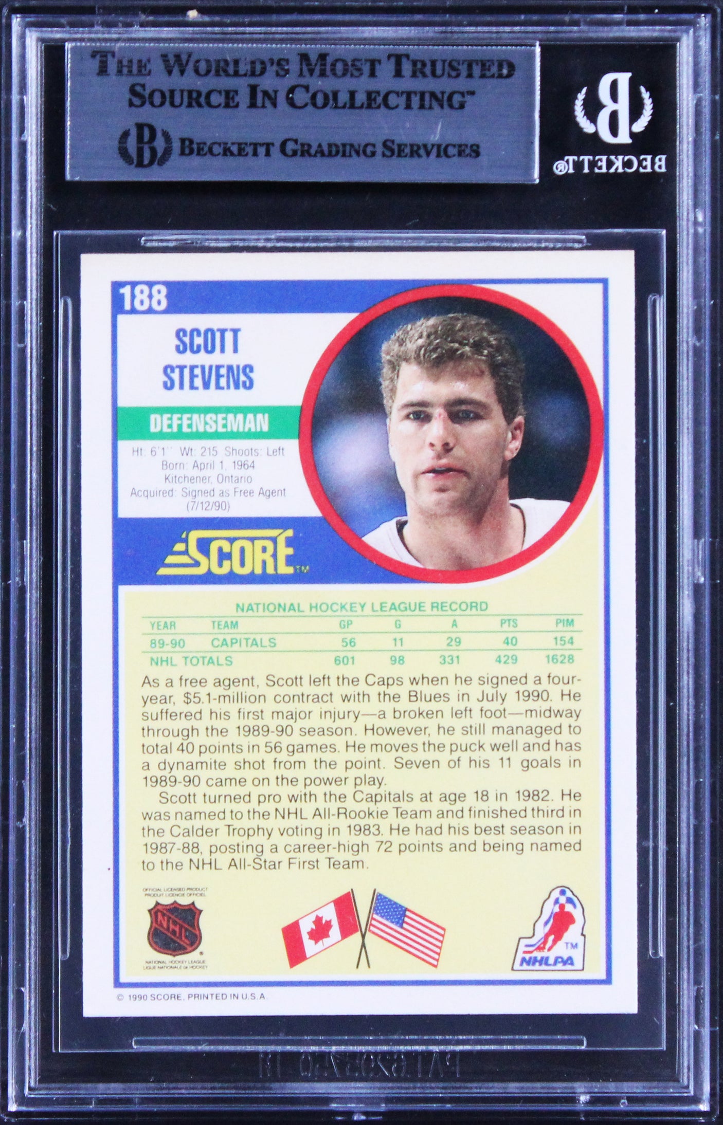Capitals Scott Stevens Authentic Signed 1990 Score #188 Card BAS Slabbed