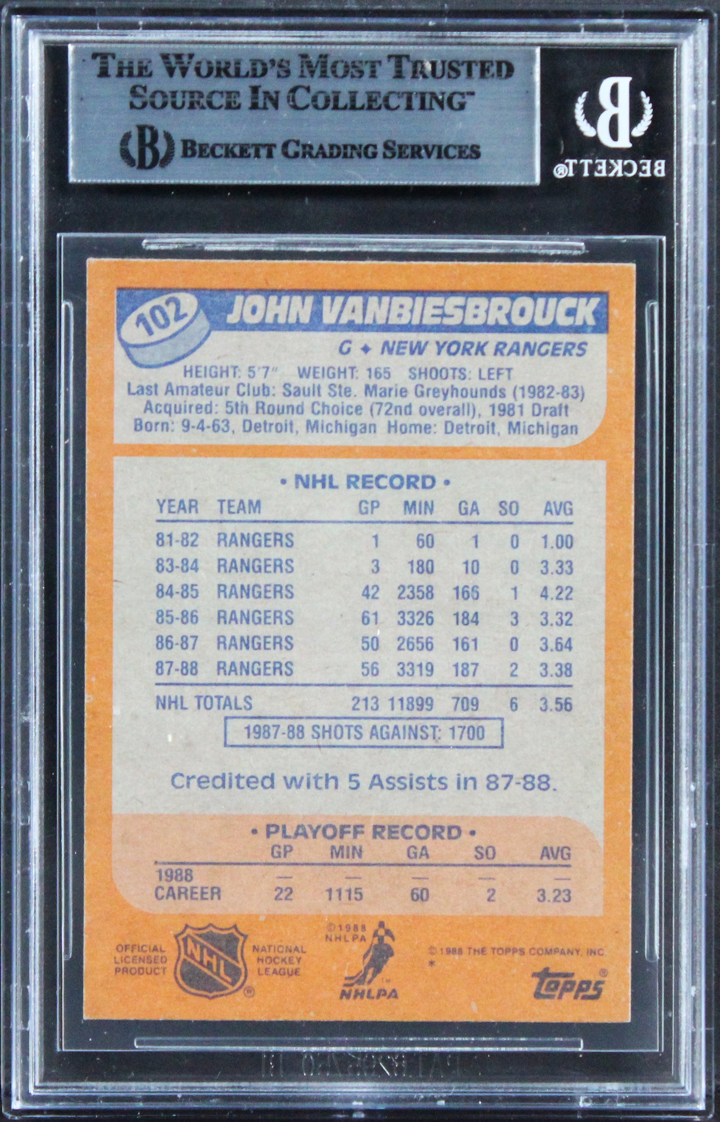 Rangers John Vanbiesbrouck Authentic Signed 1988 Topps #102 Card BAS Slabbed 1