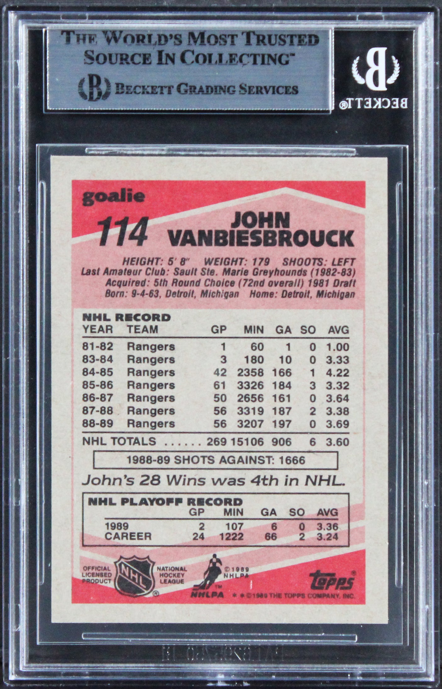 Rangers John Vanbiesbrouck Authentic Signed 1989 Topps #114 Card BAS Slabbed