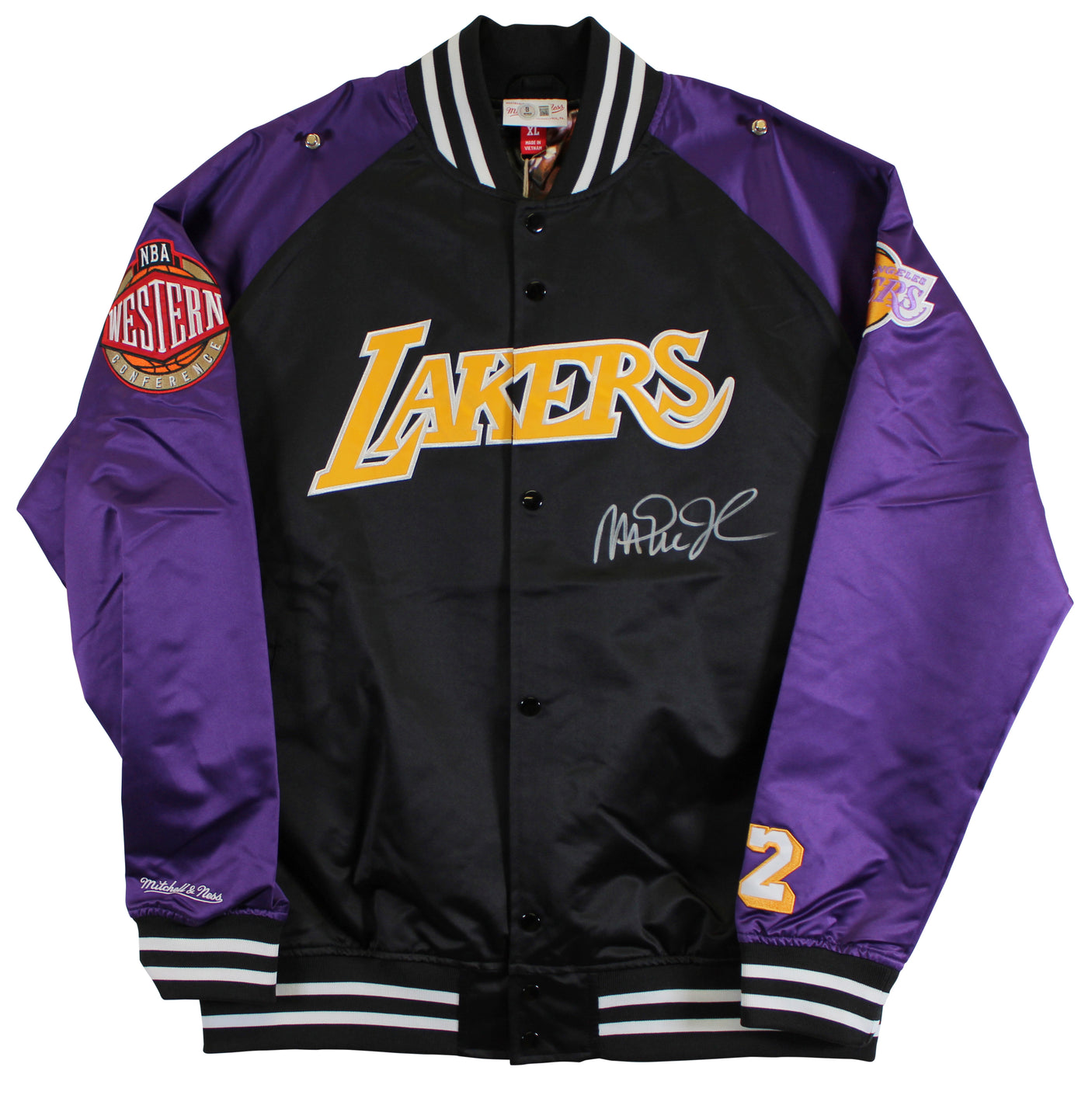 Lakers Magic Johnson Signed Black M&N Warm Up Jacket w/ Patches BAS Witnessed 2