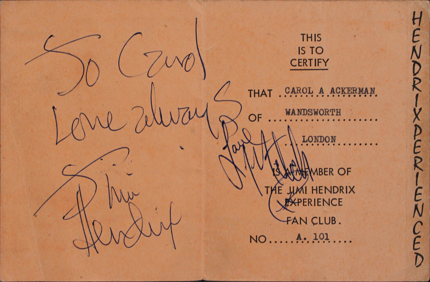 Jimi Hendrix "Love Always" Signed 1967 4.5x6.7 UK Fan Club Booklet BAS #AD85591