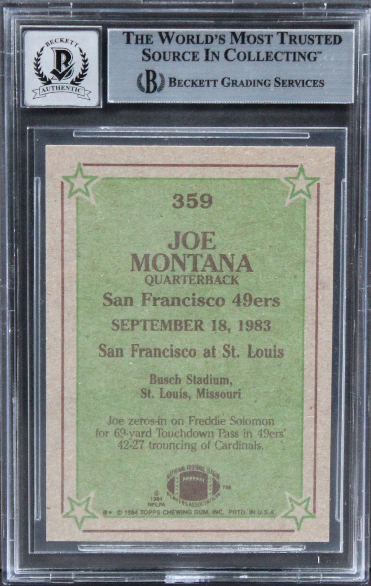 49ers Joe Montana Signed 1984 Topps #359 IR Card Auto Graded 10! BAS Slab
