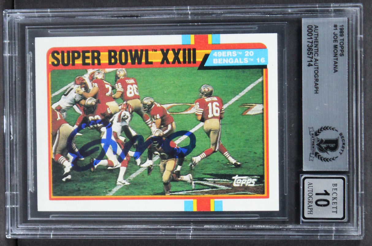 49ers Joe Montana Signed 1989 Topps #1 Card Auto Graded Gem Mint 10! BAS Slab