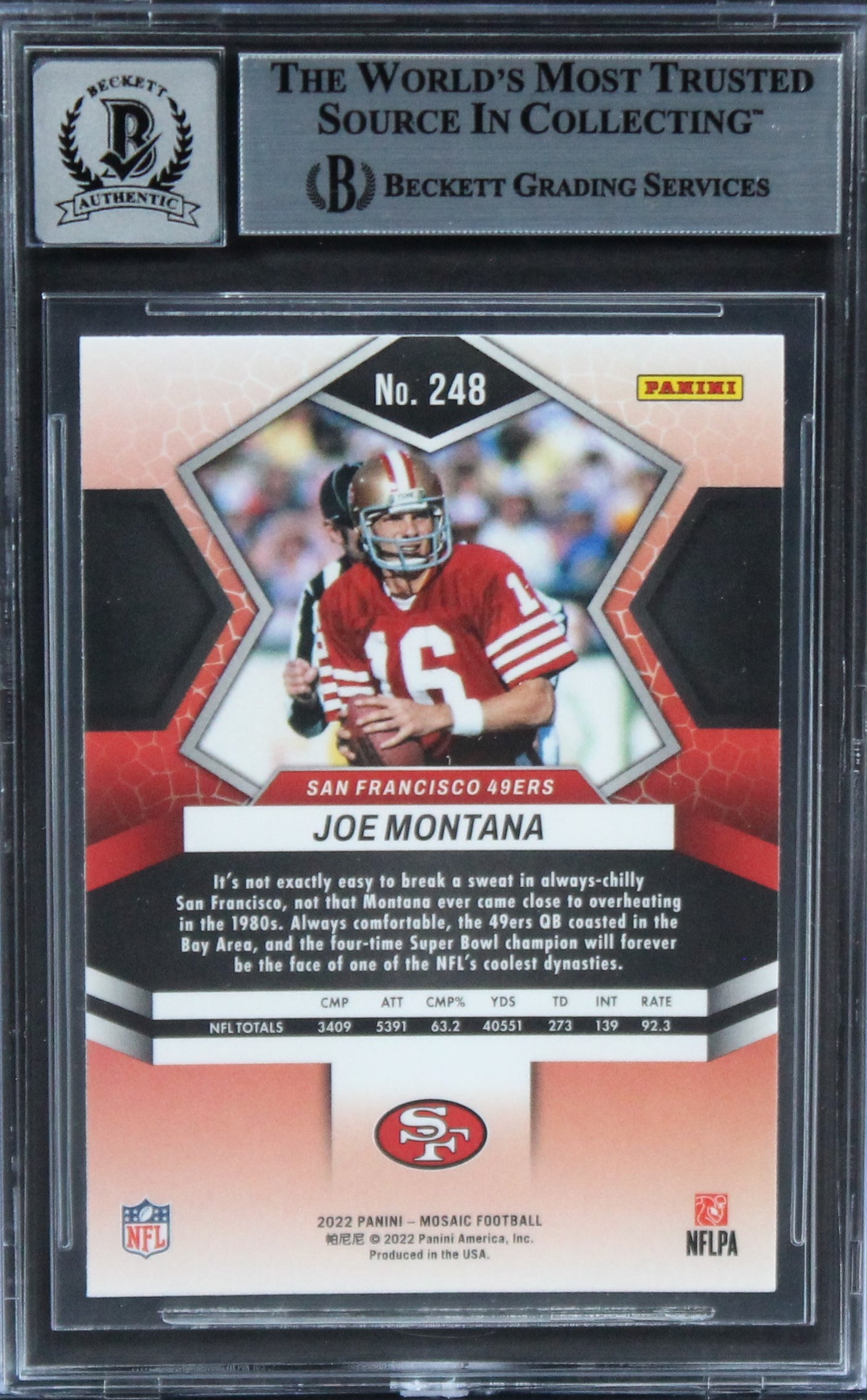 49ers Joe Montana Signed 2022 Panini Mosaic #248 Card Auto Grade 10! BAS Slabbed