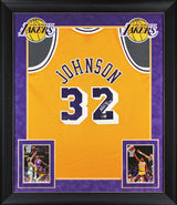 Lakers Magic Johnson "#32" Signed M&N HWC Swingman Yellow Framed Jersey BAS Wit