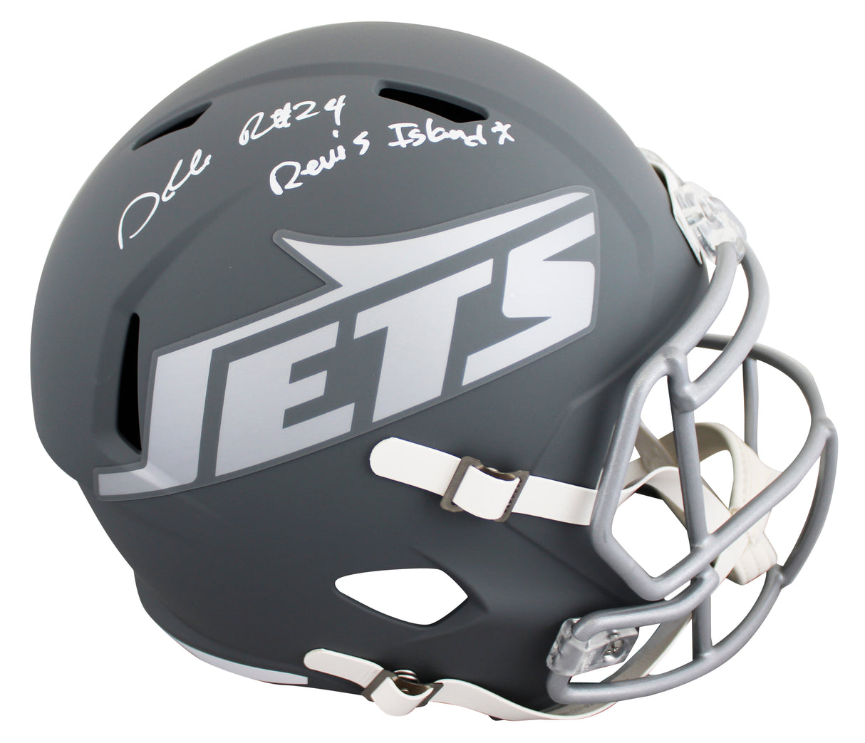 Jets Darrelle Revis "Revis Island" Signed Slate Full Size Speed Rep Helmet BAS W