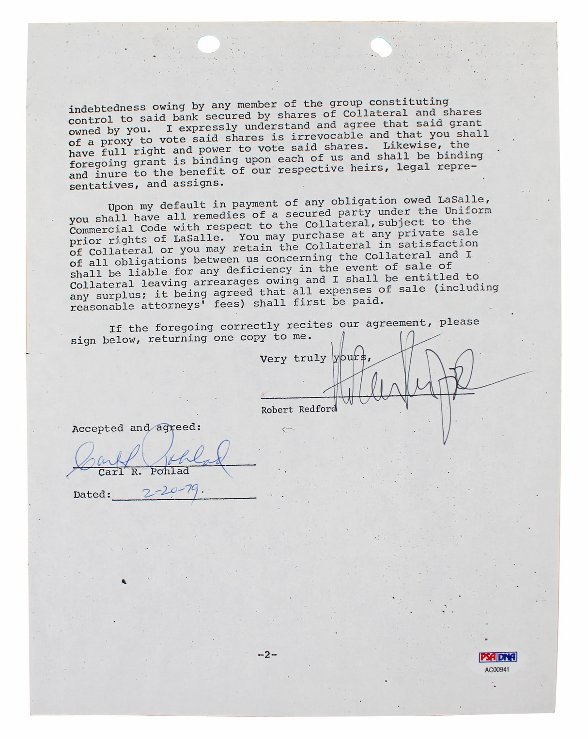 Robert Redford The Natural Authentic Signed 2 Page 8.5x11 Contract PSA #AC00941