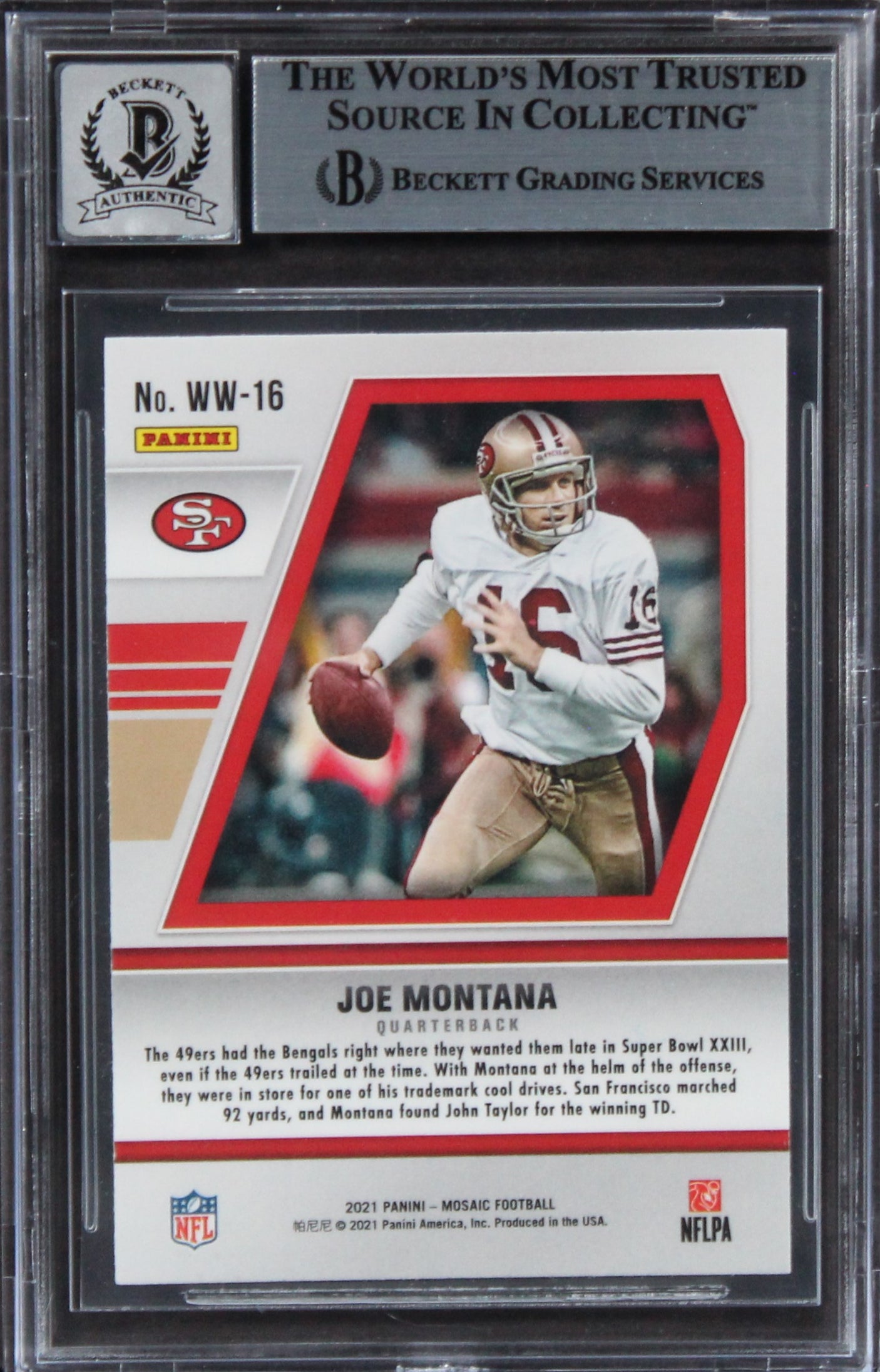 49ers Joe Montana Signed 2021 Panini Mosaic WTW #16 Card Auto 10! BAS Slabbed