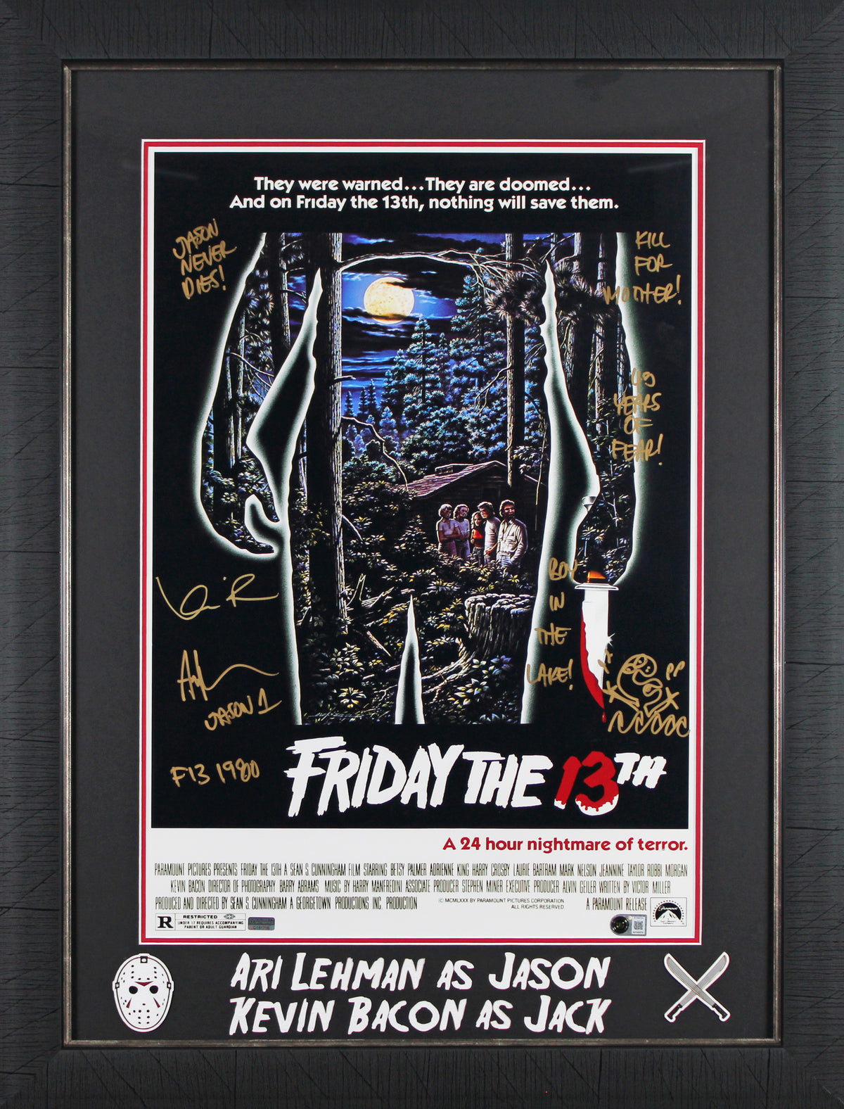 Kevin Bacon & Ari Lehman w/ Insc Signed 16x24 Framed Movie Poster Photo BAS Wit