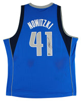 Mavericks Dirk Nowitzki Signed Blue M&N 2010-11 HWC Swingman Jersey BAS #BS20483