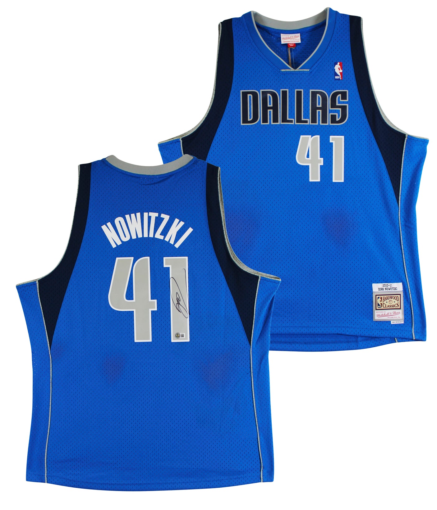 Mavericks Dirk Nowitzki Signed Blue M&N 2010-11 HWC Swingman Jersey BAS #BS20483