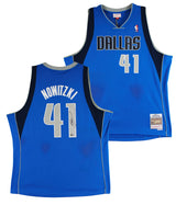 Mavericks Dirk Nowitzki Signed Blue M&N 2010-11 HWC Swingman Jersey BAS #BS20483