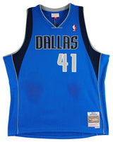 Mavericks Dirk Nowitzki Signed Blue M&N 2010-11 HWC Swingman Jersey BAS #BS20483