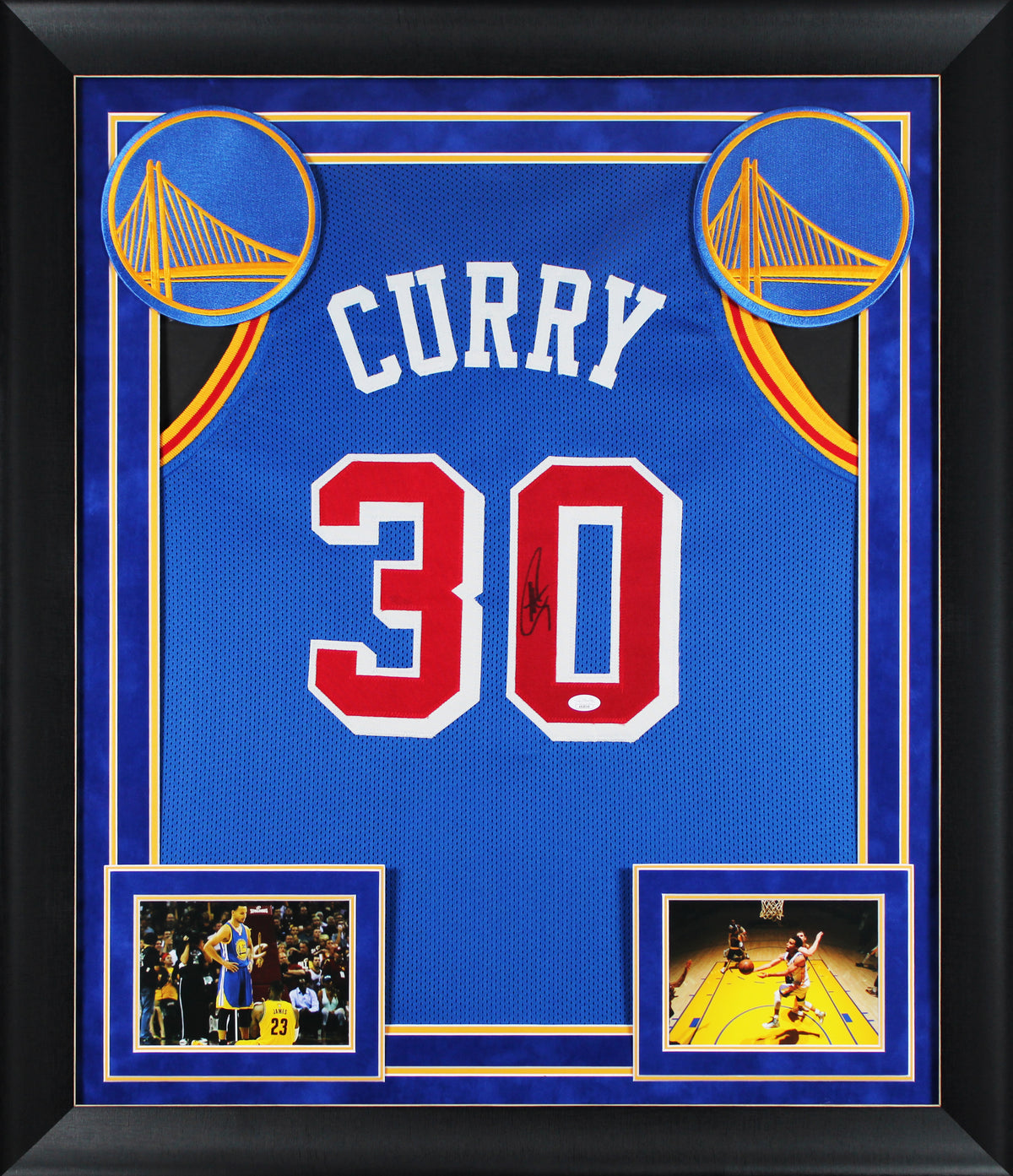 Stephen Curry Authentic Signed Blue Pro Style Framed Jersey w/ Red Numbers JSA