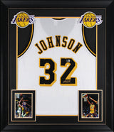 Magic Johnson Signed White Pro Style Framed Jersey w/ Black Numbers BAS Wit 2