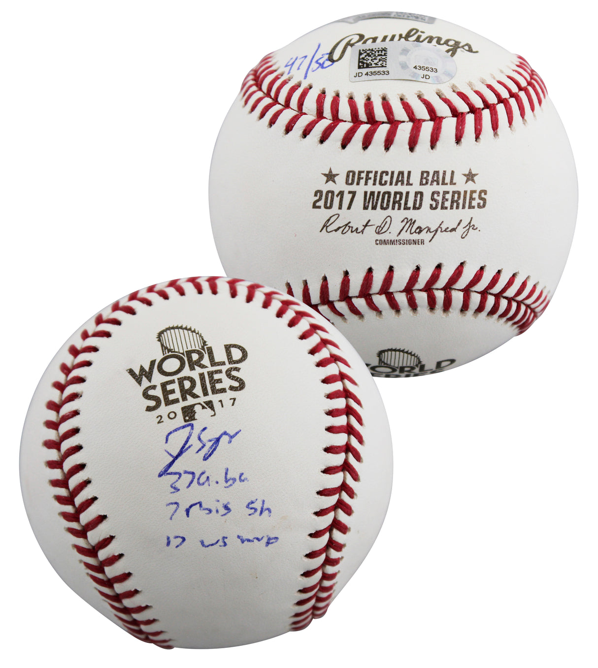 Astros George Springer "4x Insc" Signed 2017 WS Oml LE #47/50 Baseball Fanatics