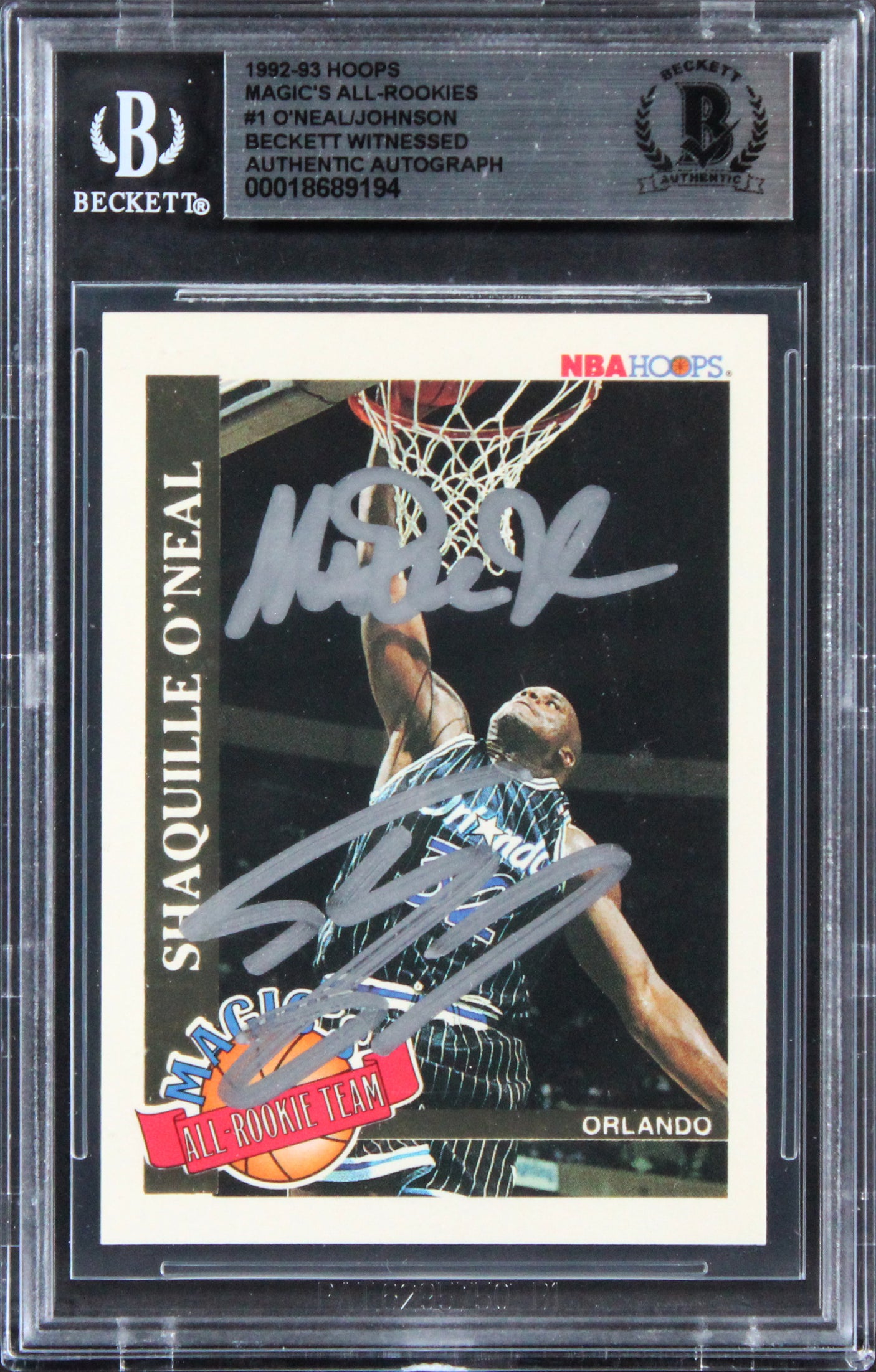 Shaq O'Neal & Magic Johnson Signed 1992 Magic's All-Rookies #1 Card BAS Slabbed
