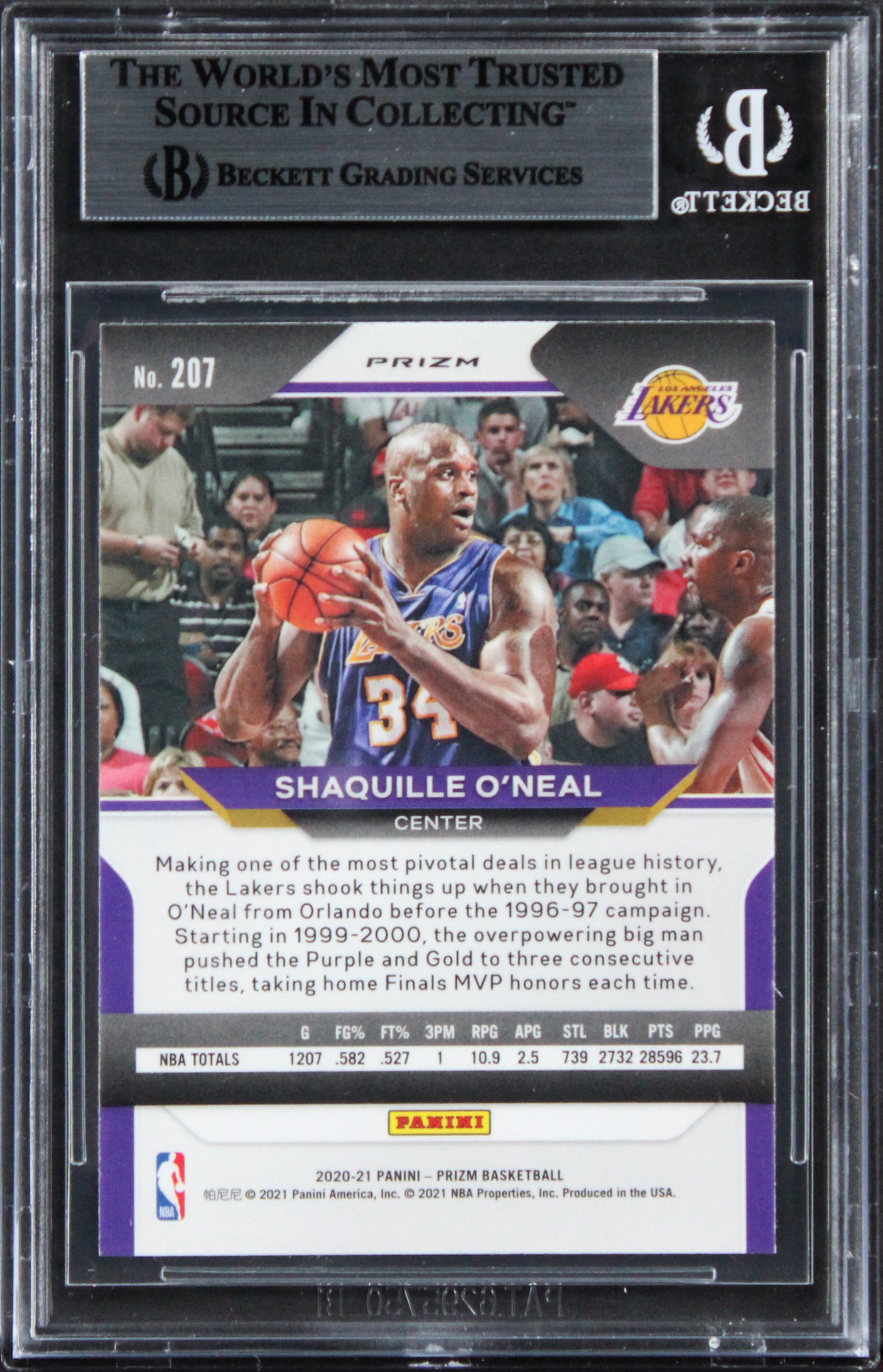 Lakers Shaquille O'Neal Signed 2020 Panini Prizm RW&B #207 Card BAS Slabbed