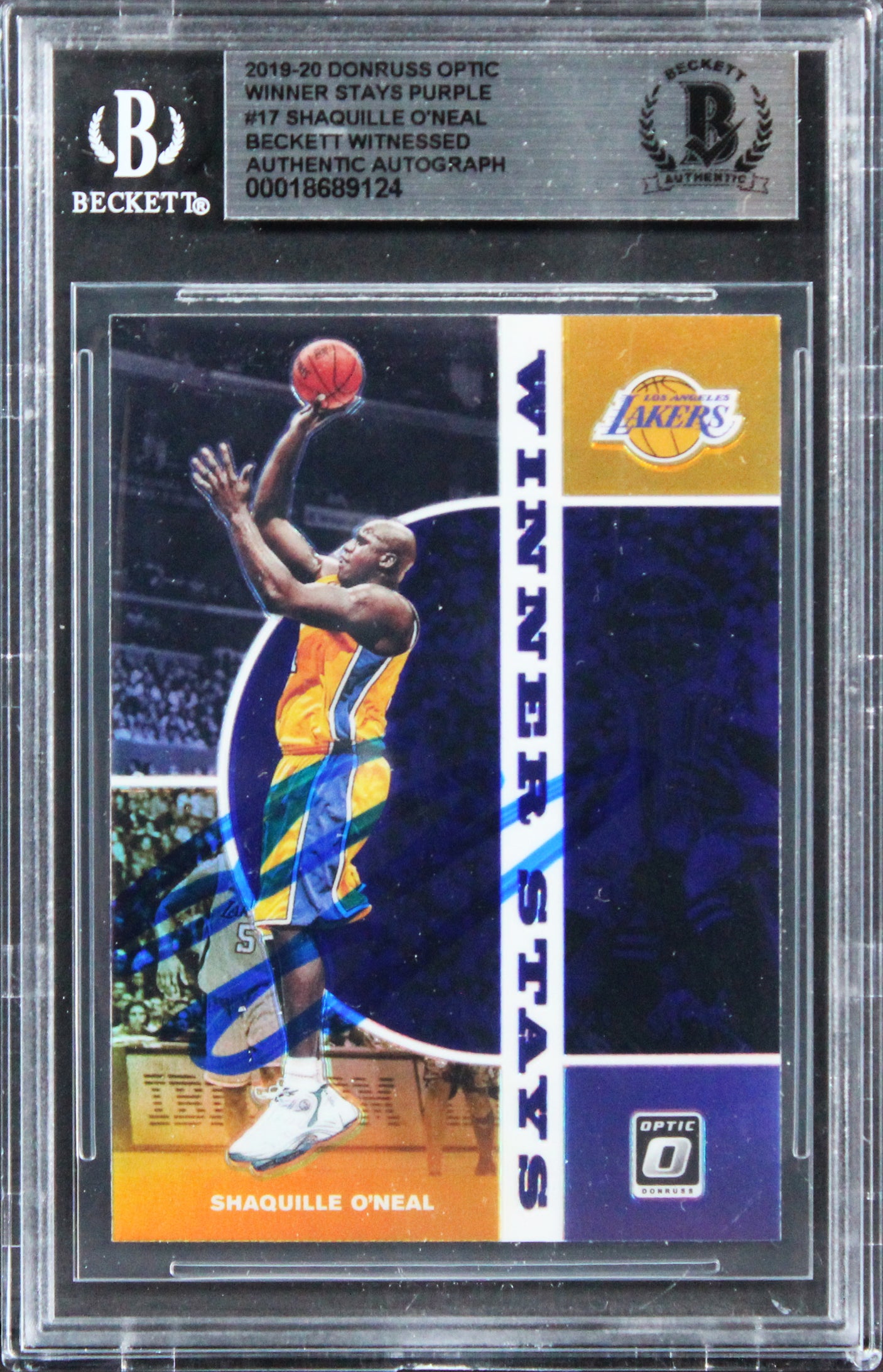 Shaquille O'Neal Signed 2019 Donruss Optic Winner Stays Purple #17 Card BAS Slab