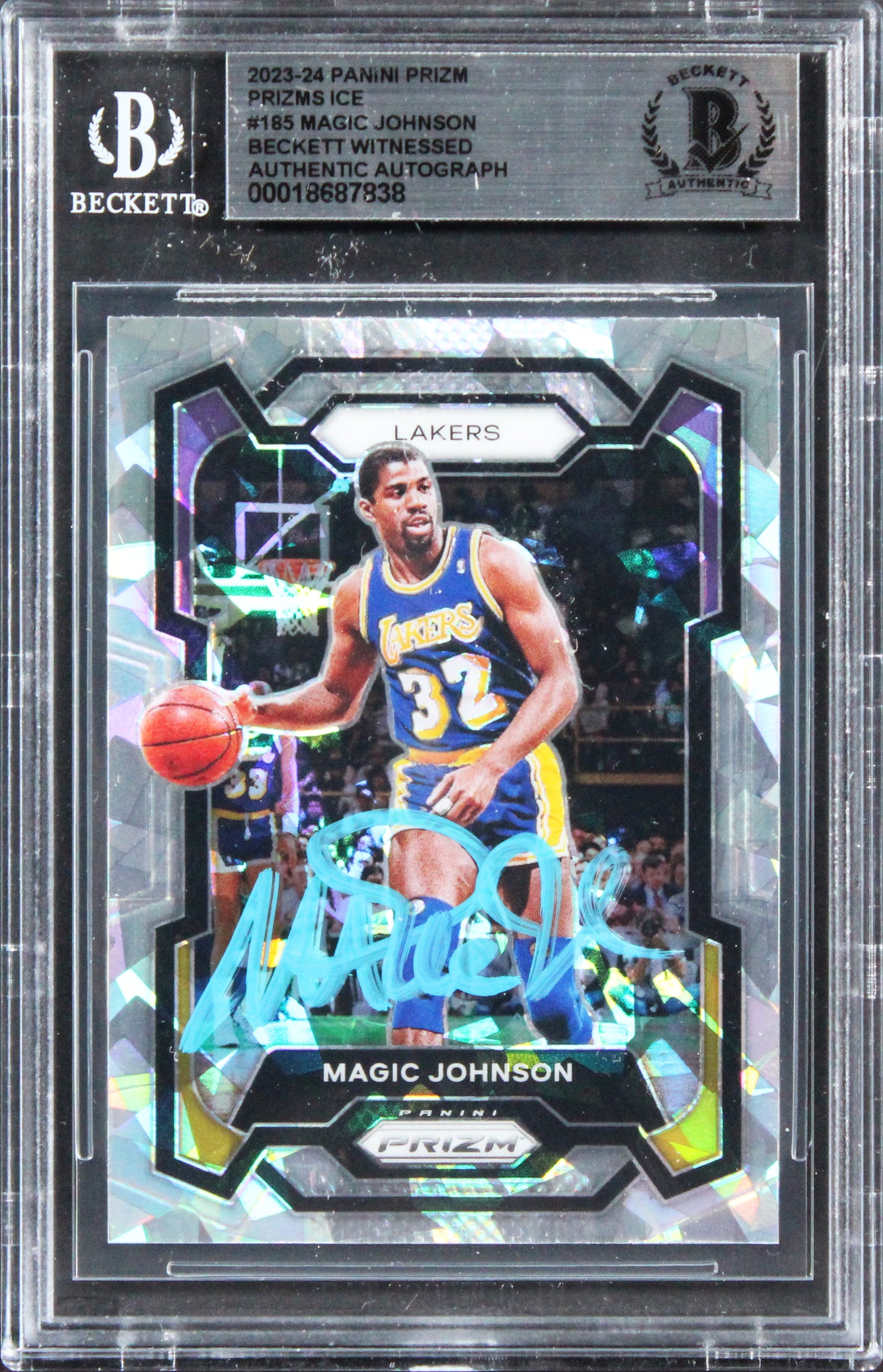 Lakers Magic Johnson Signed 2023 Panini Prizm Prizms Ice #185 Card BAS Slabbed