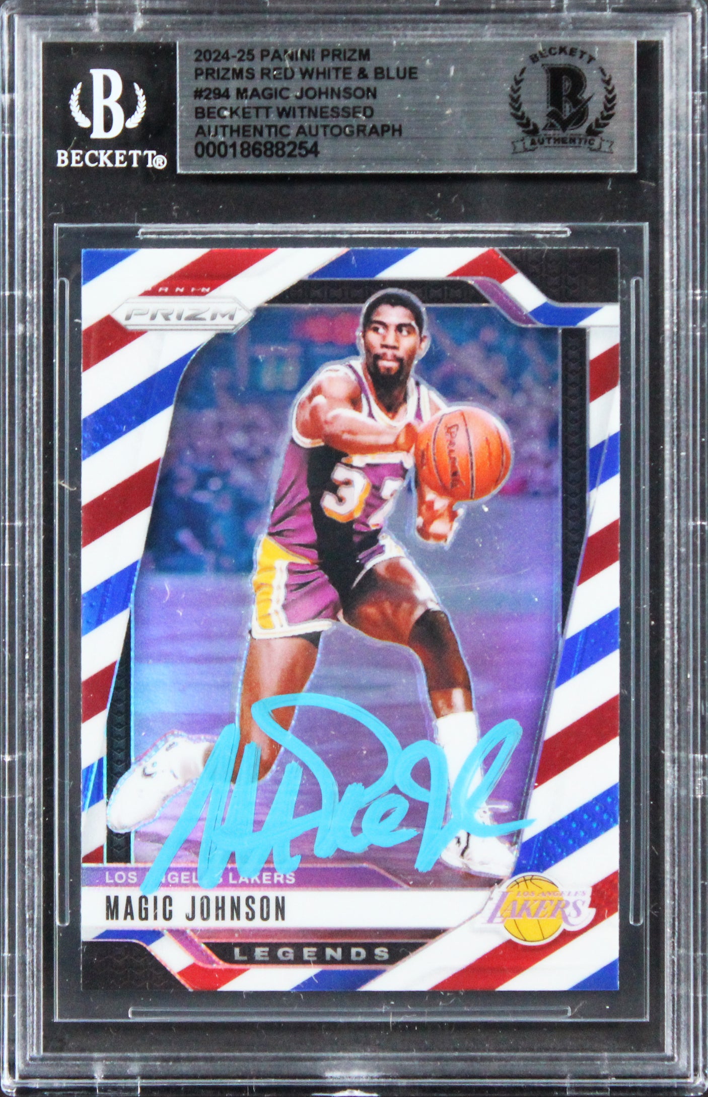 Lakers Magic Johnson Signed 2024 Panini Prizm Prizms RW&B #294 Card BAS Slabbed