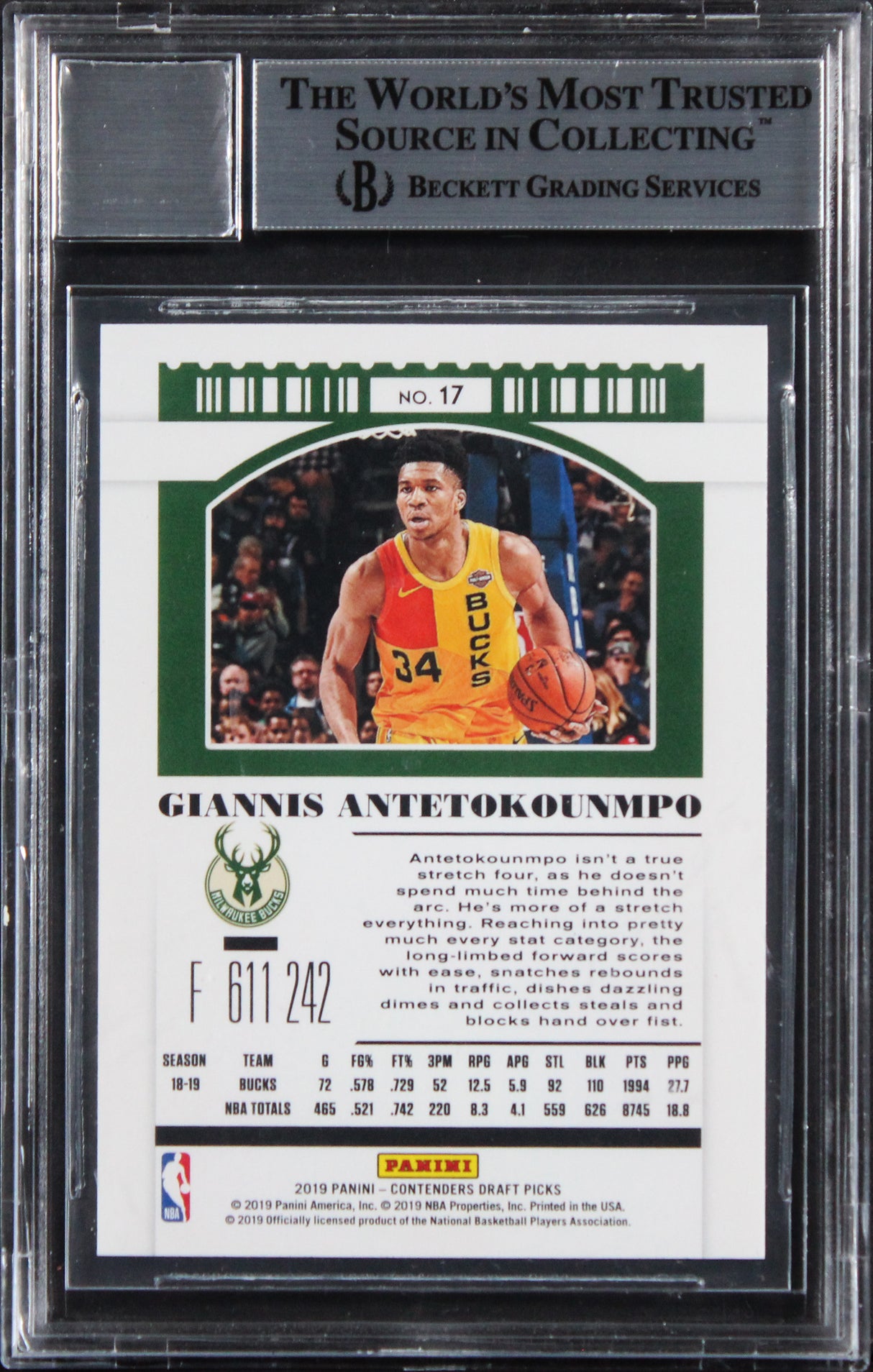 Bucks Giannis Antetokounmpo Signed 2019 Contenders DP #317 Card Auto 10 BAS Slab