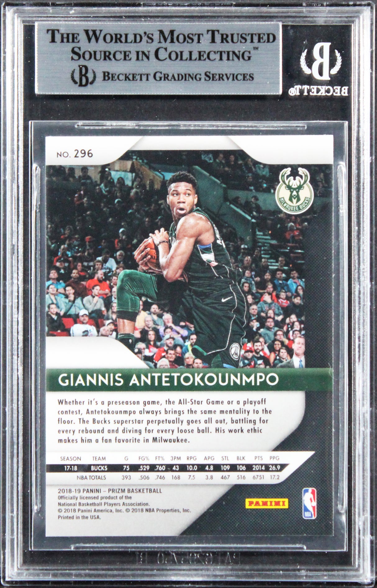 Bucks Giannis Antetokounmpo Signed 2018 Panini Prizm #296 Card BAS Slabbed