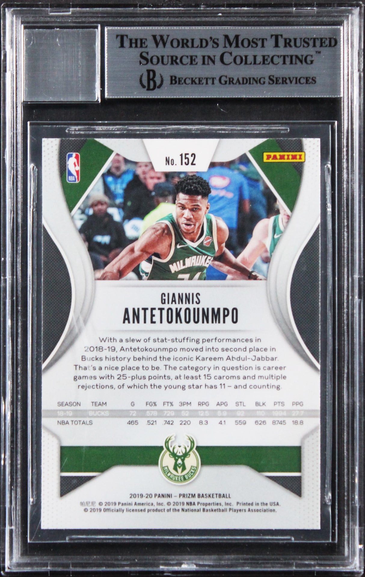 Bucks Giannis Antetokounmpo Signed 2019 Panini Prizm #152 Card Auto 10! BAS Slab