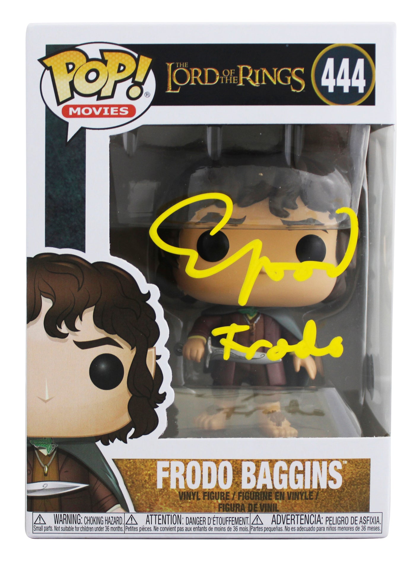 Elijah Wood LOTR "Frodo" Signed #444 Funko Pop Figure w/ Yellow Sig BAS Witness