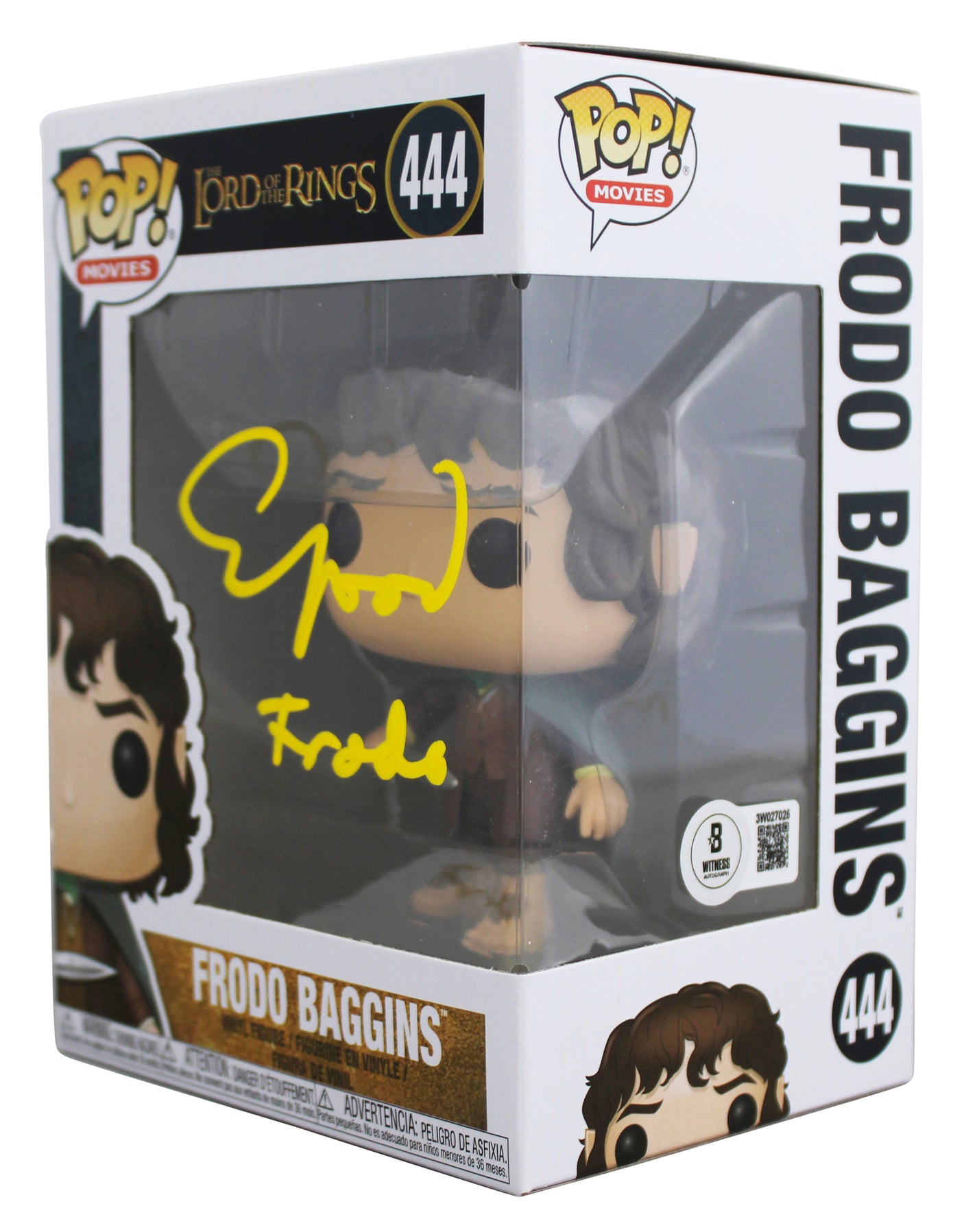 Elijah Wood LOTR "Frodo" Signed #444 Funko Pop Figure w/ Yellow Sig BAS Witness