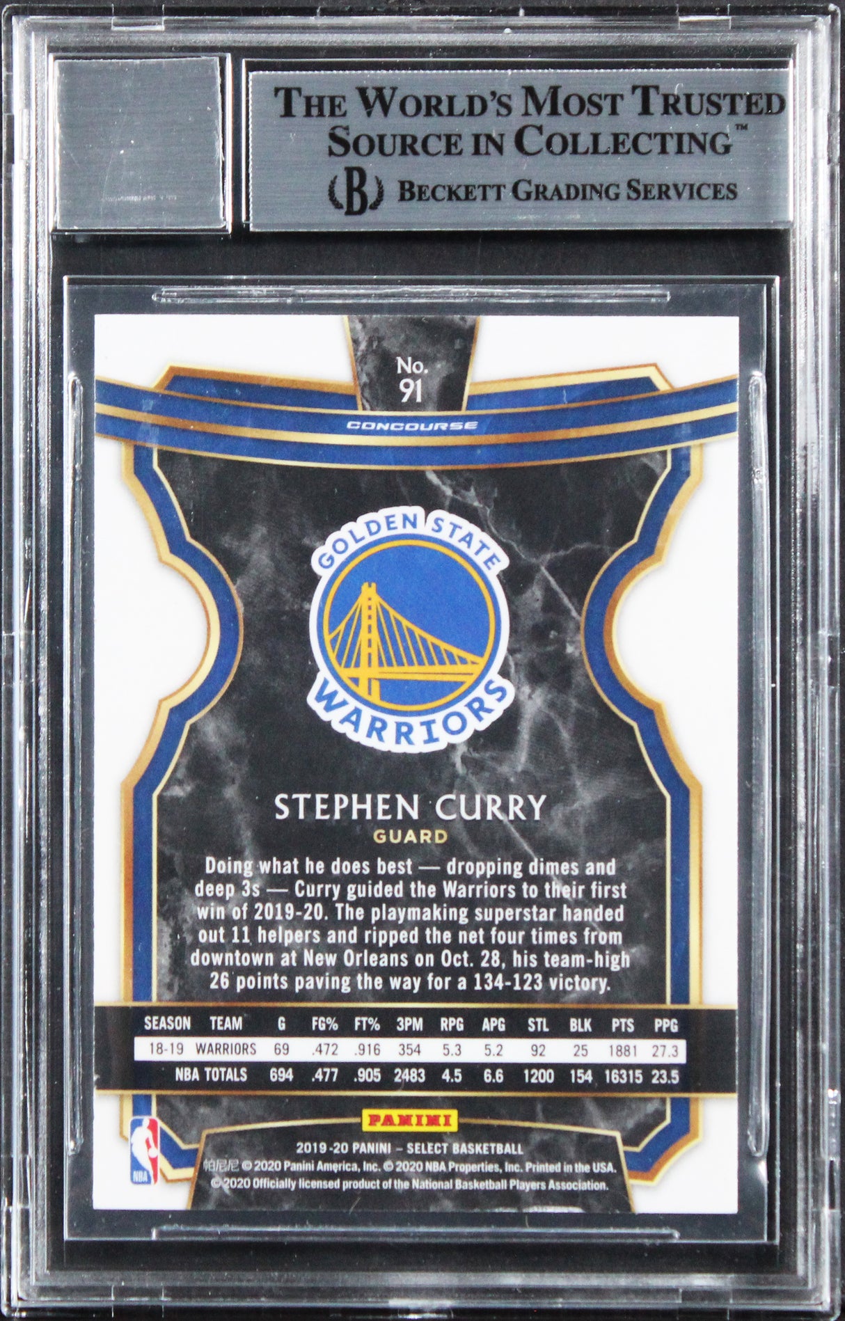 Warriors Stephen Curry Signed 2019 Select #91 Card Auto Grade 10! BAS Slabbed