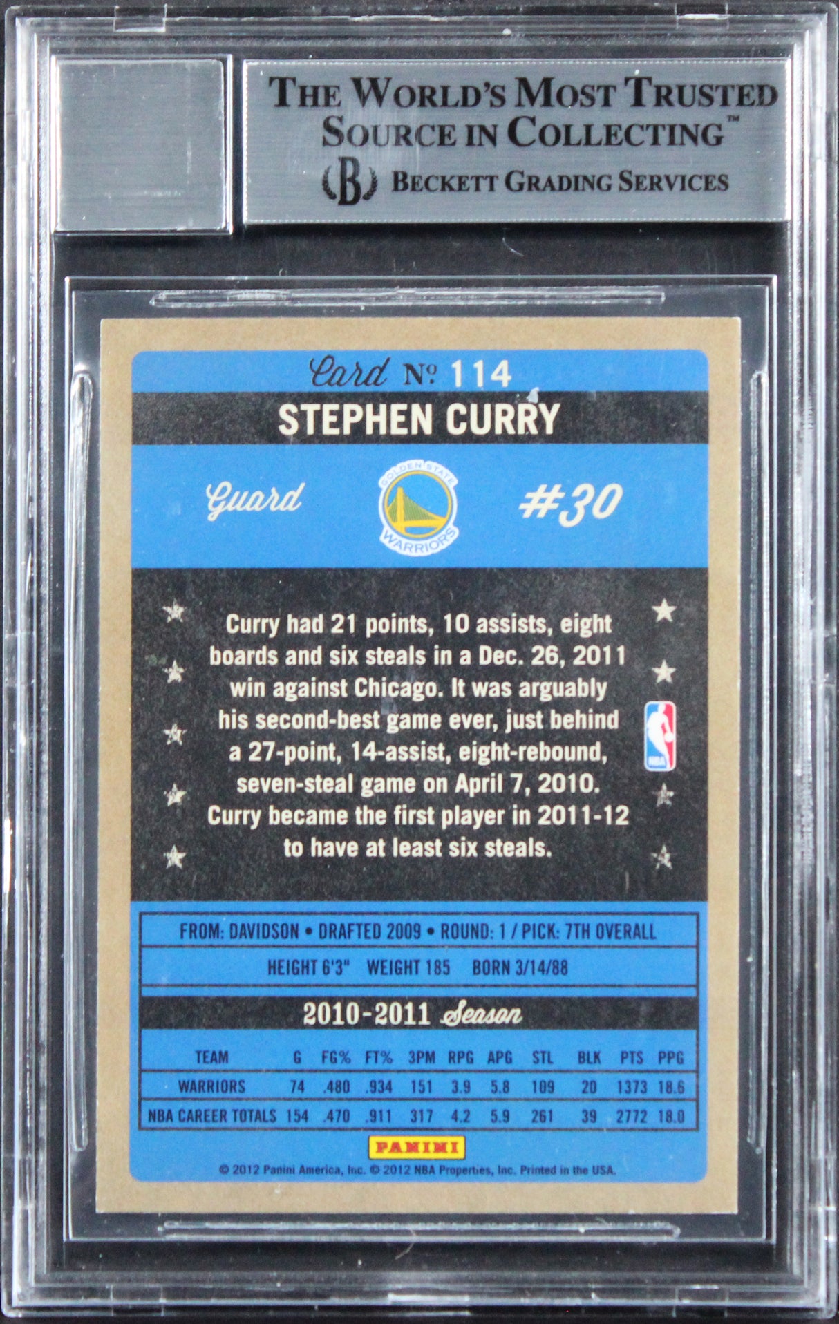 Warriors Stephen Curry Signed 2011 Panini #114 Card Auto Grade 10! BAS Slabbed
