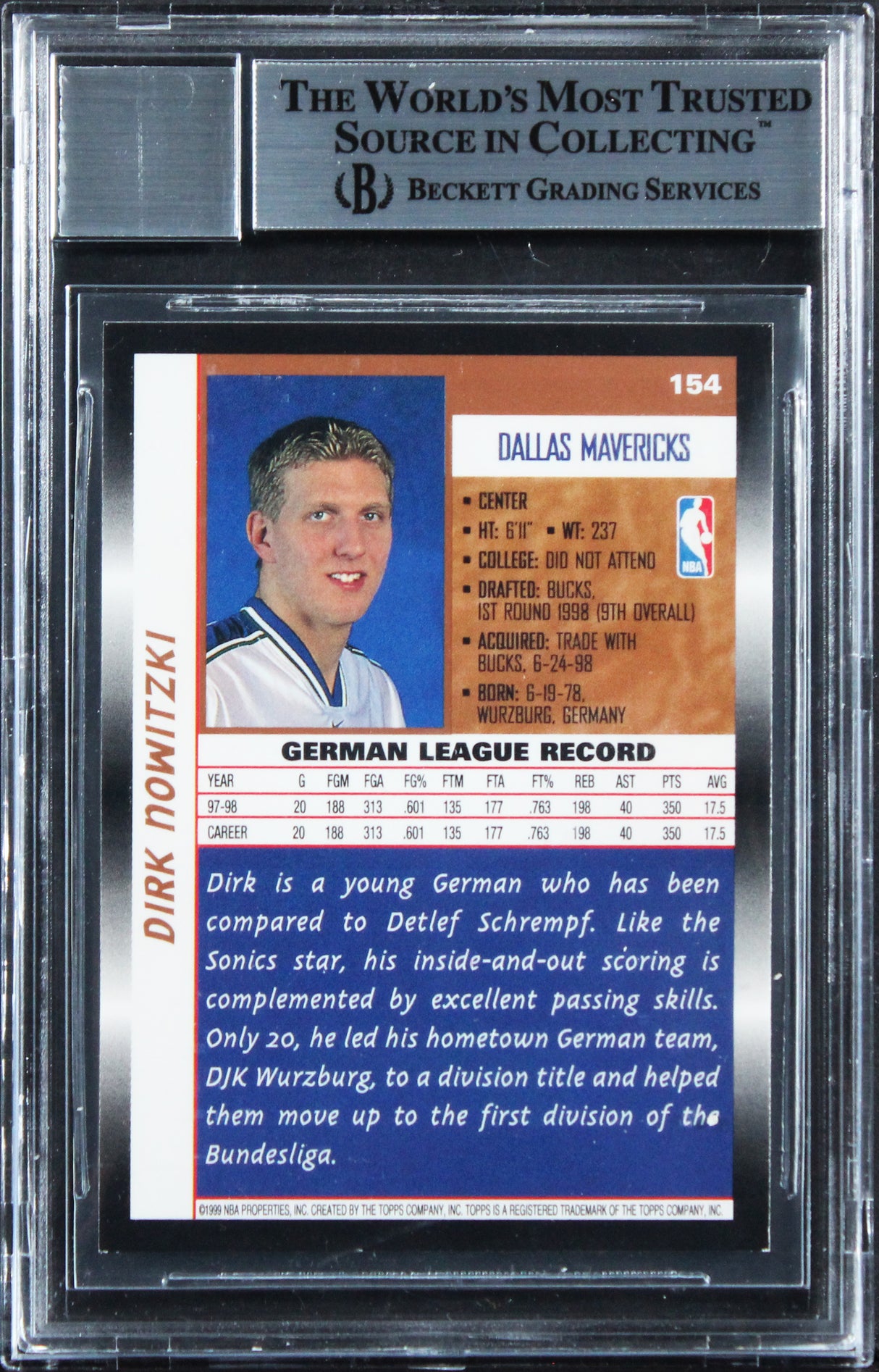 Mavericks Dirk Nowitzki Signed 1998 Topps #154 RC Card Auto 10! BAS Slabbed 2