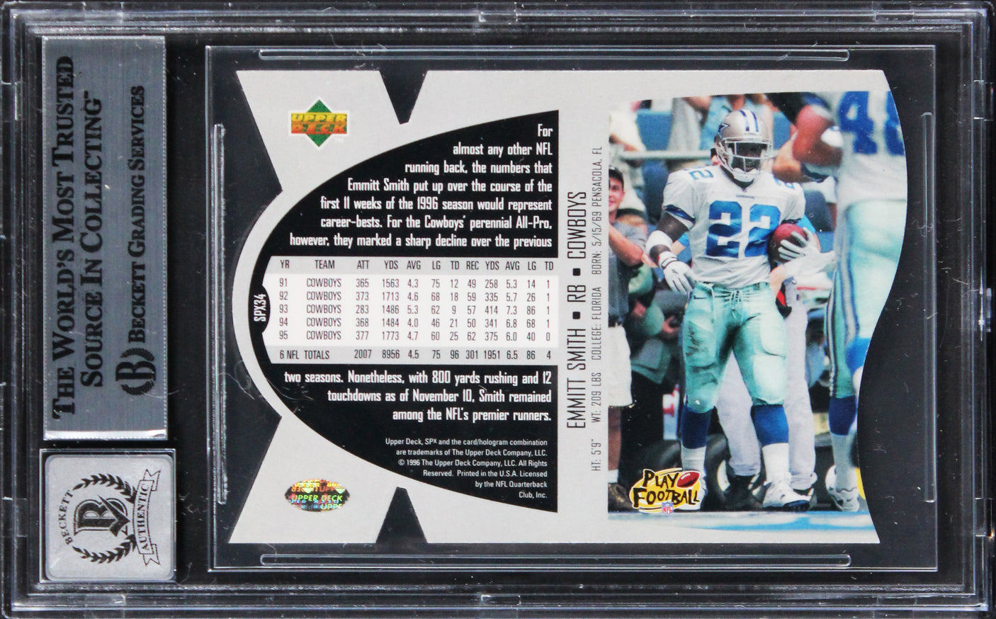 Cowboys Emmitt Smith Signed 1997 SPX #34 Card Auto Graded Mint 10! BAS Slabbed