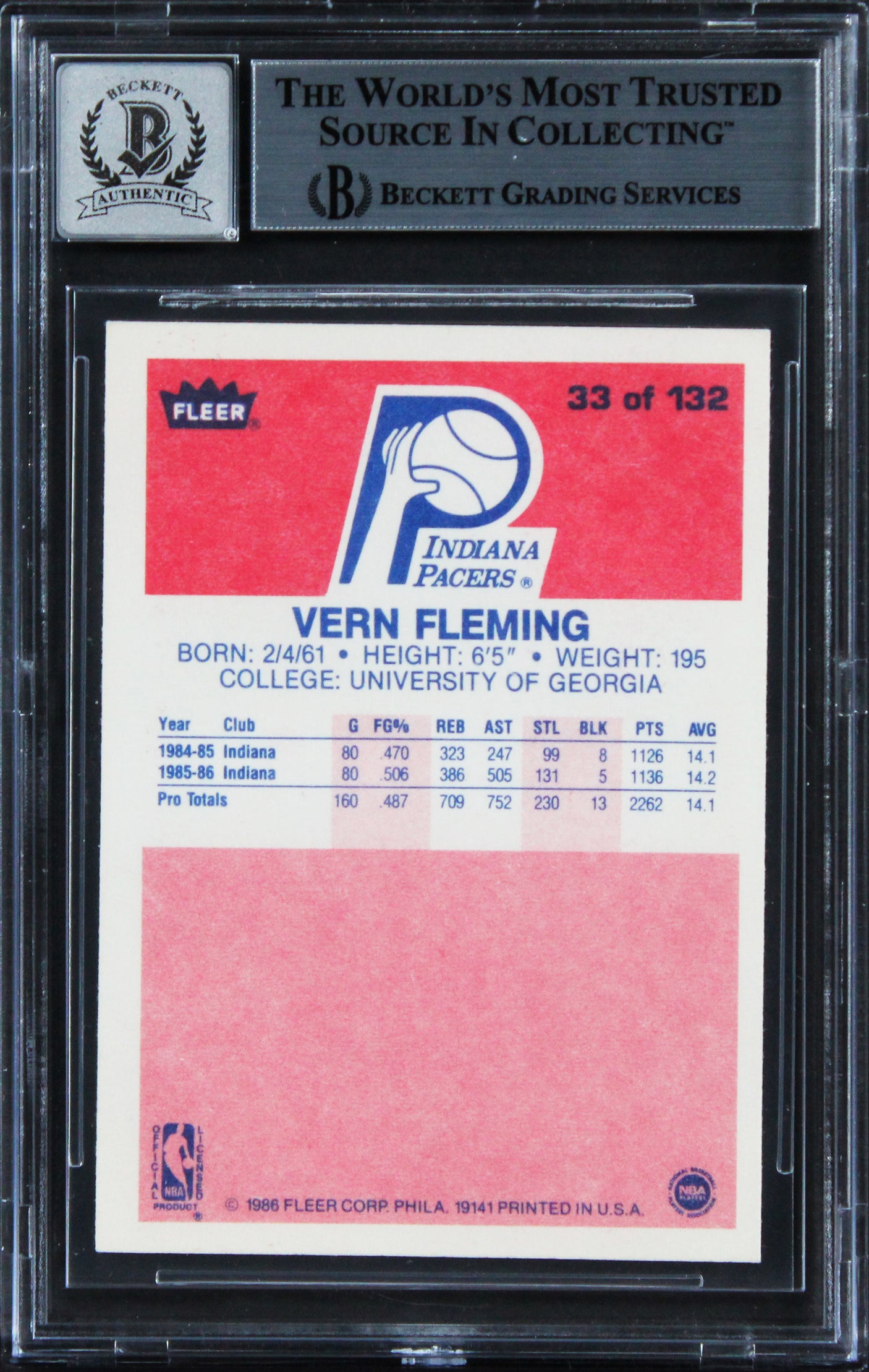 Pacers Vern Fleming Signed 1986 Fleer #33 Card Auto Graded Mint 10! BAS Slabbed