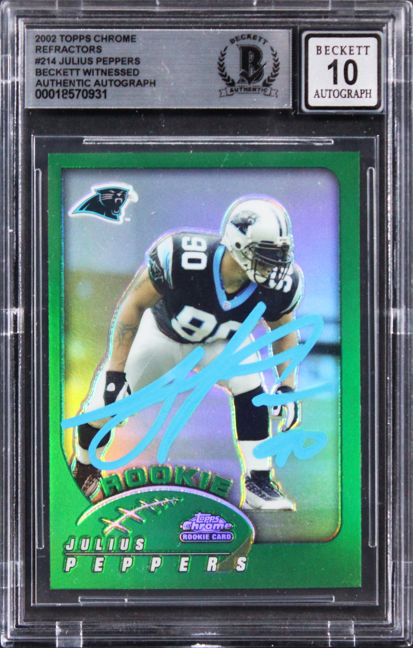 Panthers Julius Peppers Signed 2002 Topps CR #214 RC Card Auto 10! BAS Slabbed