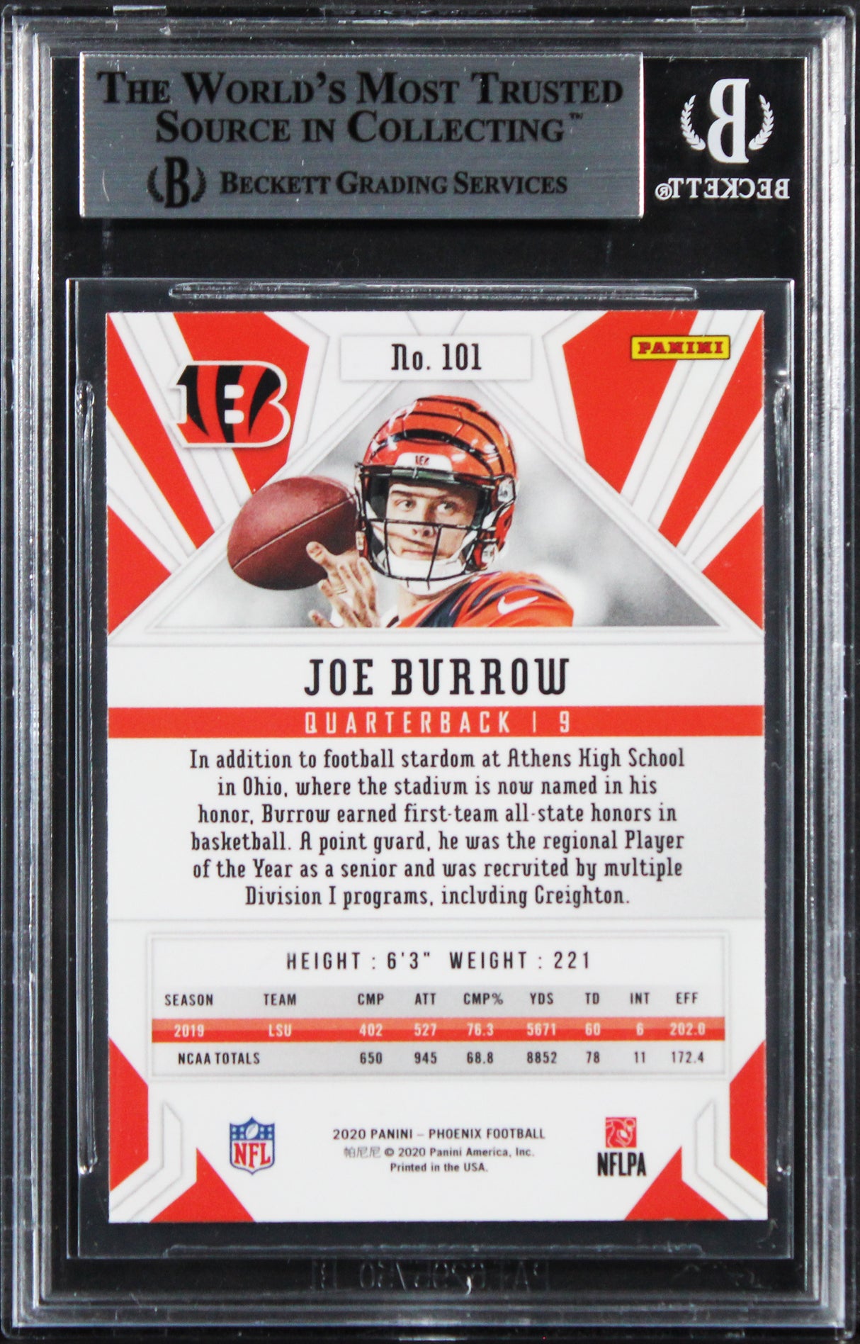 Bengals Joe Burrow Authentic Signed 2020 Panini Phoenix #101 Card BAS Slabbed