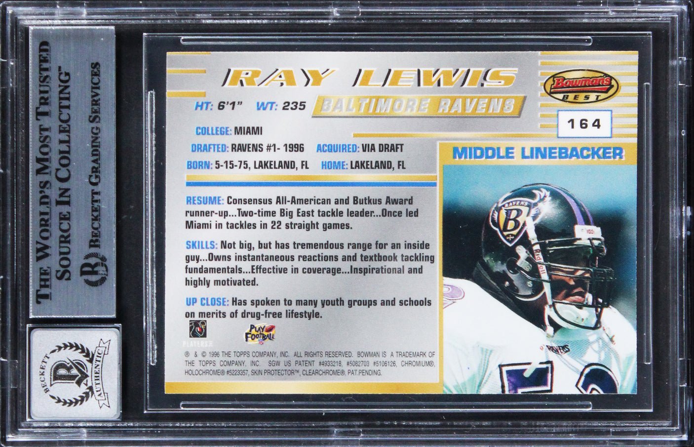 Ravens Ray Lewis "HOF 18"Signed 1996 Bowman's Best #164 RC Card Auto 10 BAS Slab