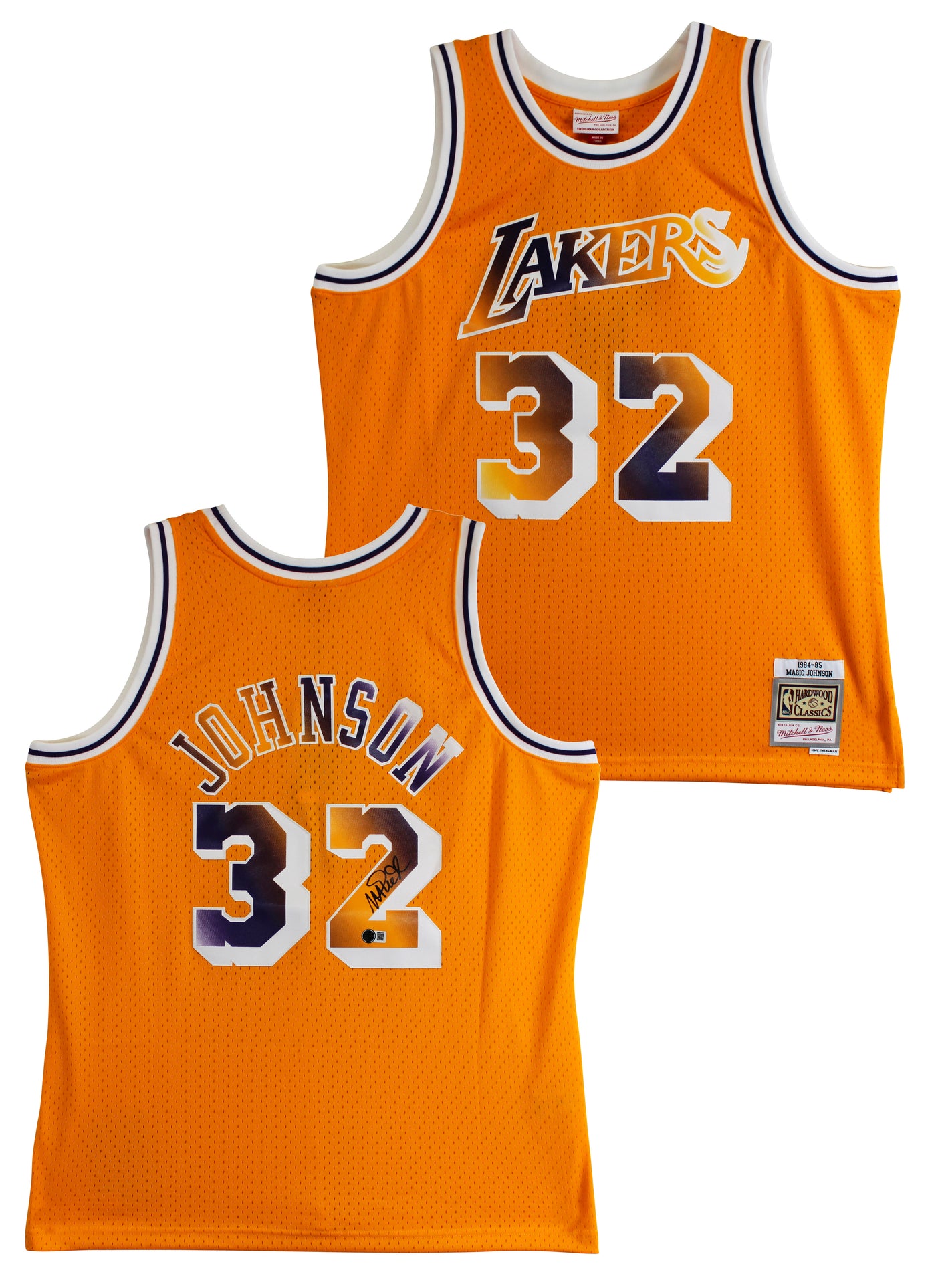 Lakers Magic Johnson Signed Yellow M&N HWC Swingman w/ Two-Tone #'s Jersey BAS W