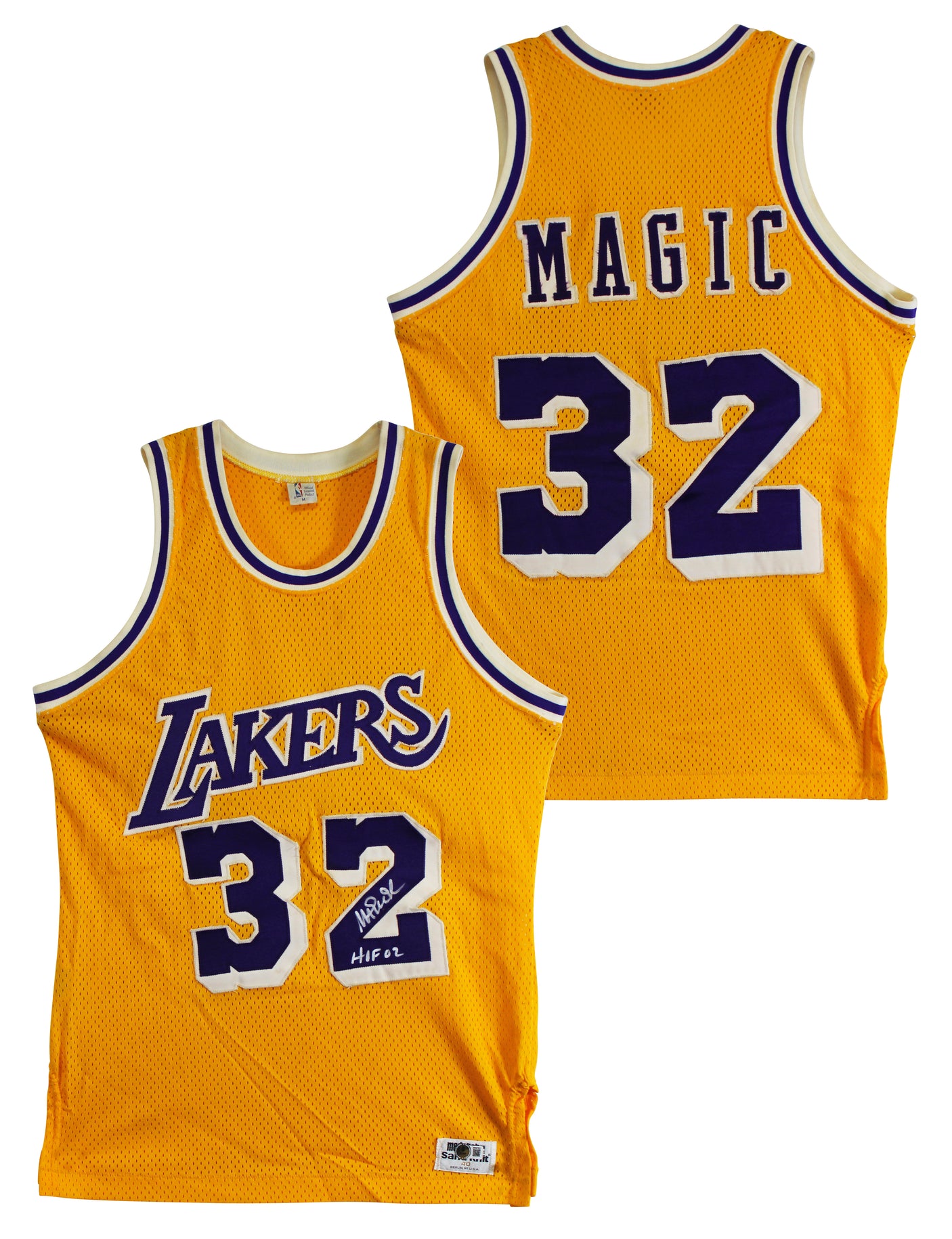 Lakers Magic Johnson "HOF 02" Signed Yellow MacGregor Sand-Knit Jersey BAS Wit 5