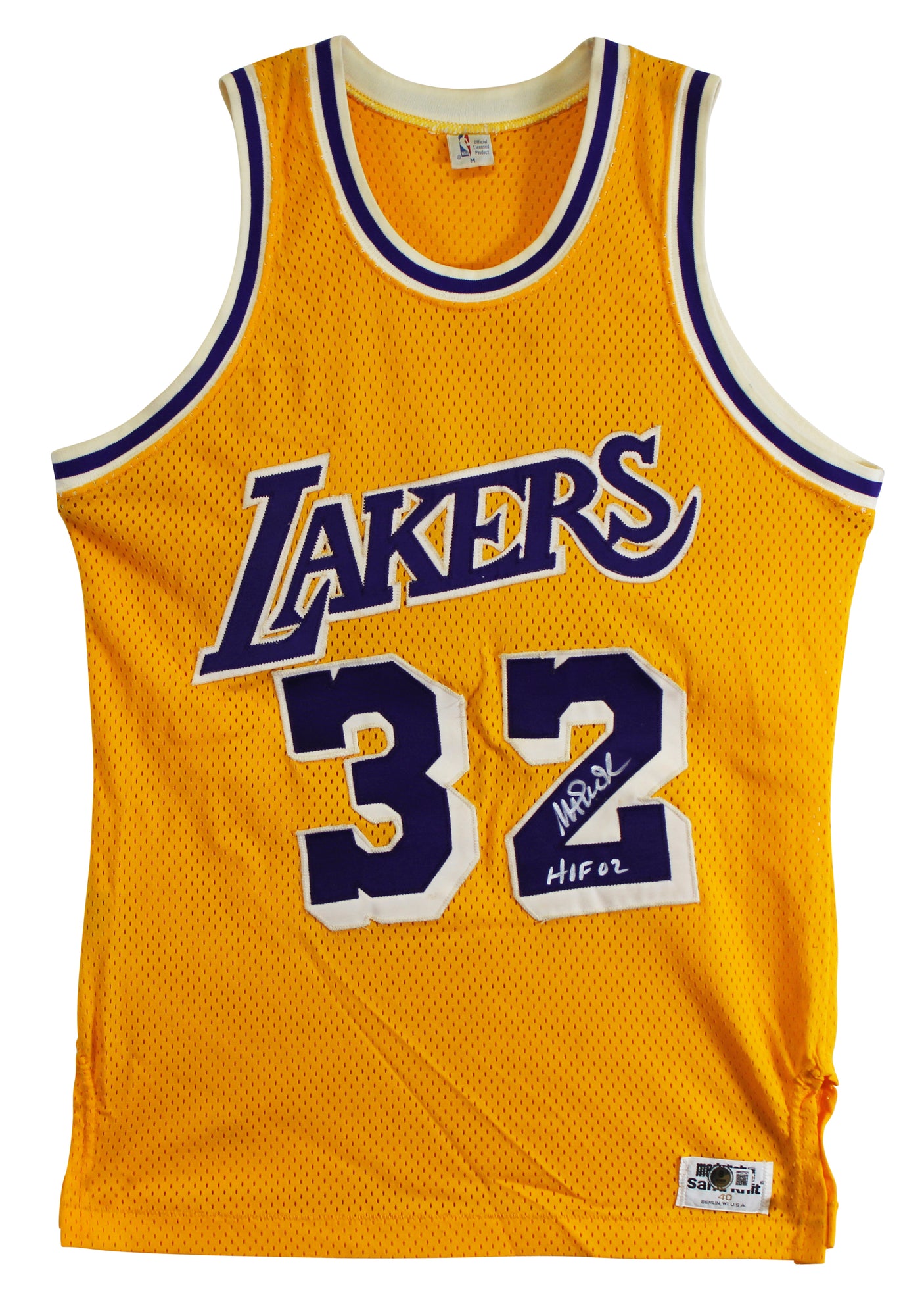 Lakers Magic Johnson "HOF 02" Signed Yellow MacGregor Sand-Knit Jersey BAS Wit 5