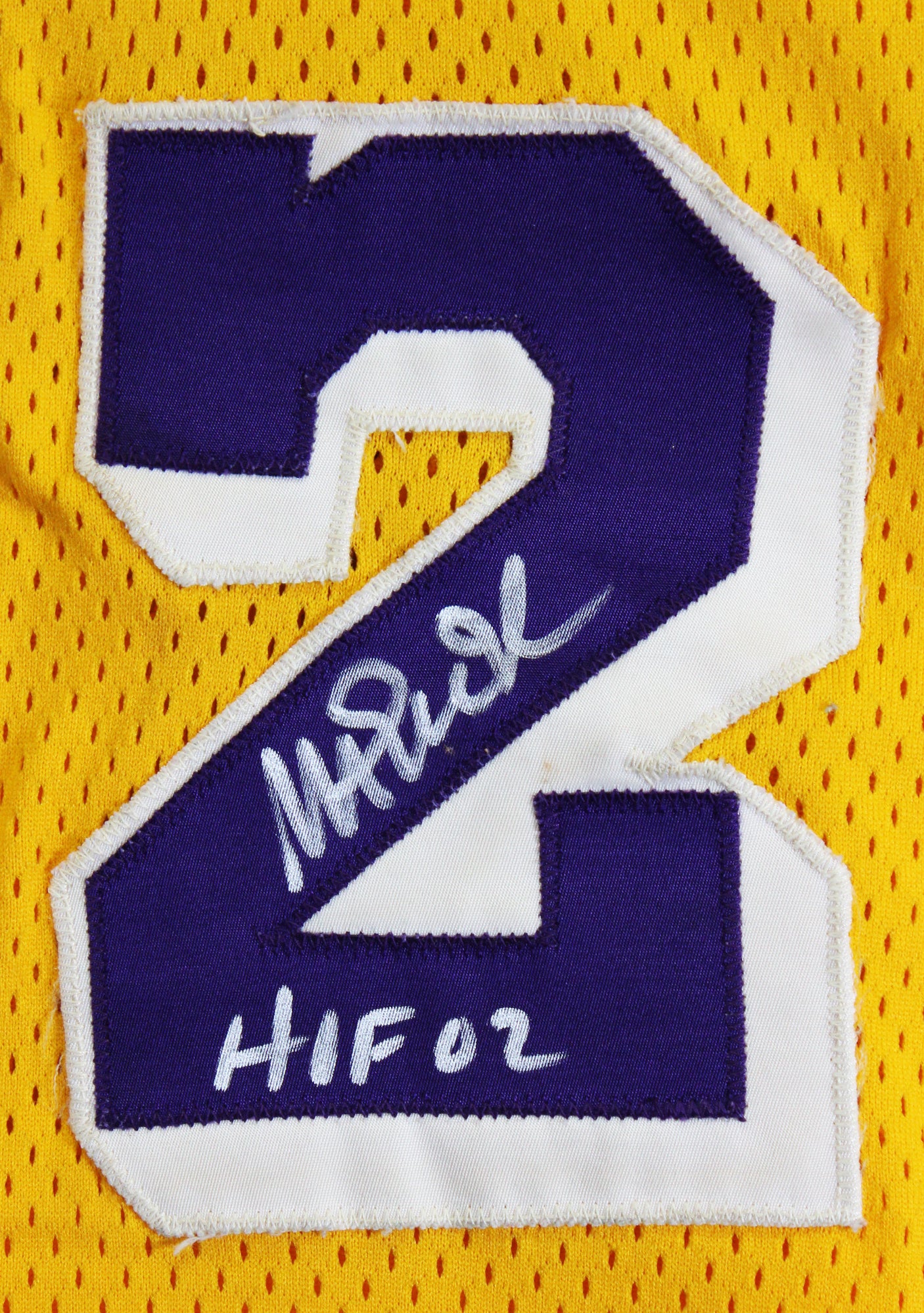 Lakers Magic Johnson "HOF 02" Signed Yellow MacGregor Sand-Knit Jersey BAS Wit 5